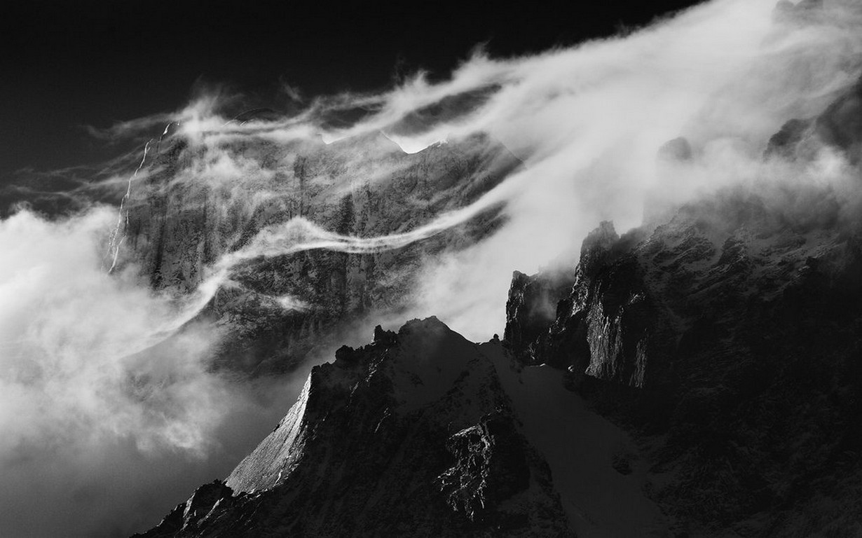 General 1230x768 nature landscape mountains monochrome Torres del Paine Chile wind mist clouds sunlight snowy peak South America Patagonia