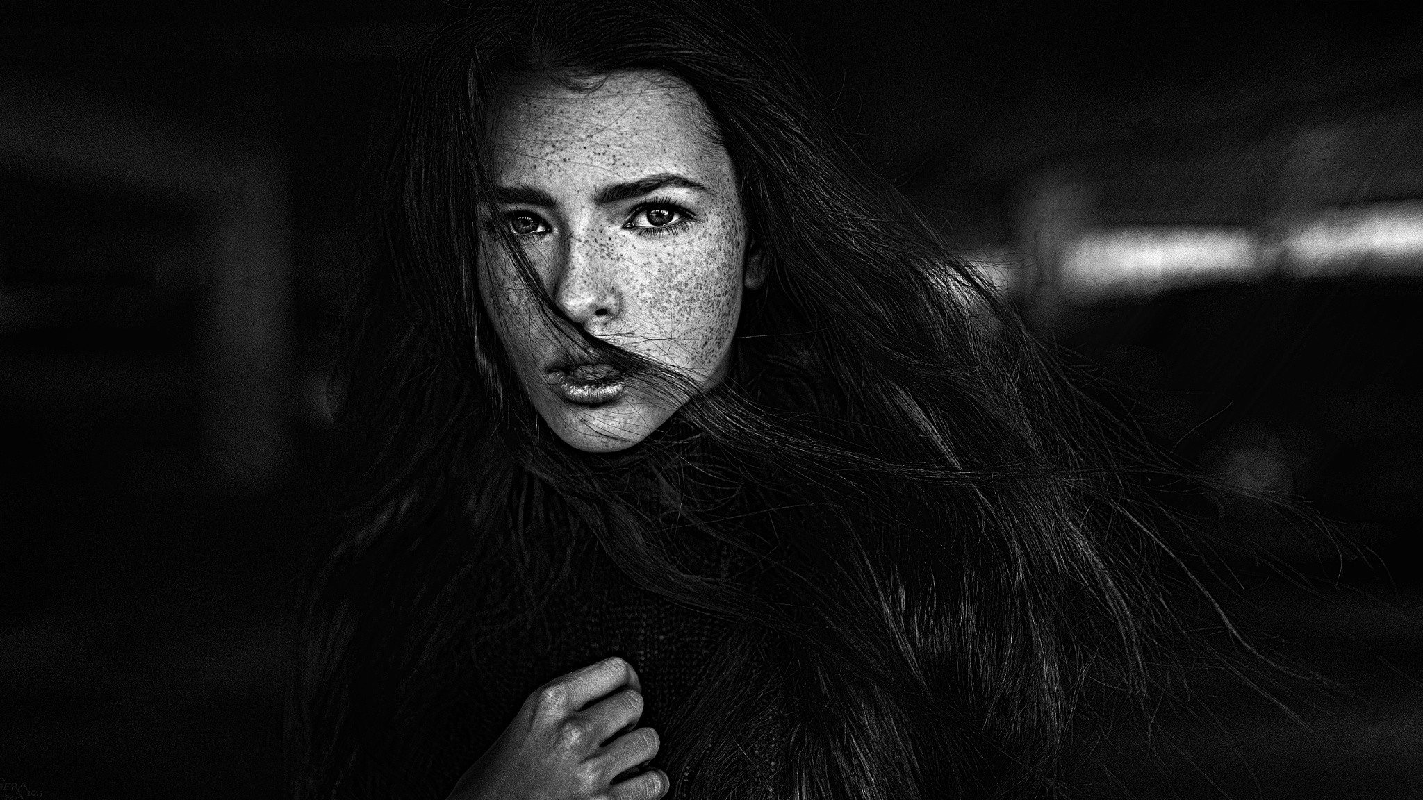 People 2048x1152 Georgy Chernyadyev women monochrome face freckles hair in face black dark long hair Katya Voronina closeup model looking at viewer
