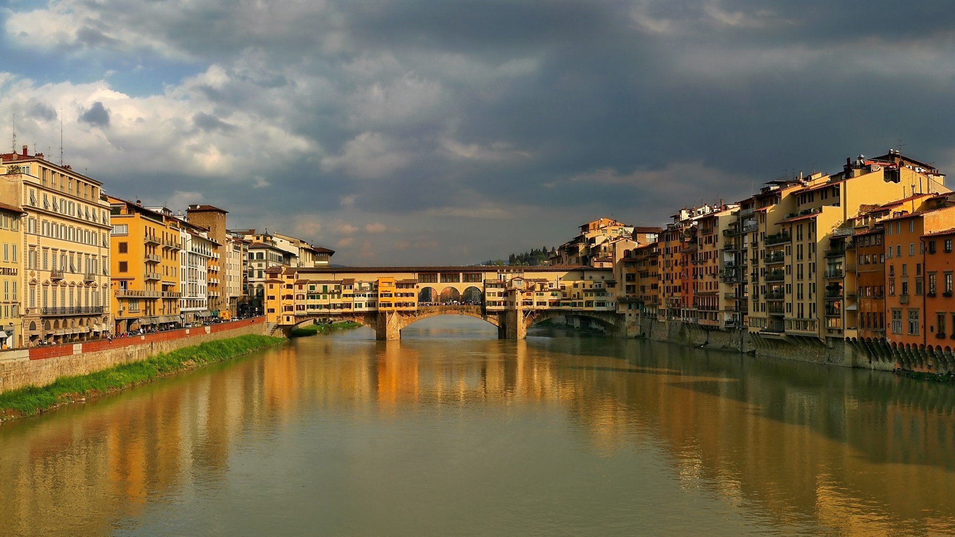 General 1920x1080 city cityscape river architecture nature clouds building water bridge town Italy crowds reflection ponte vecchio Florence
