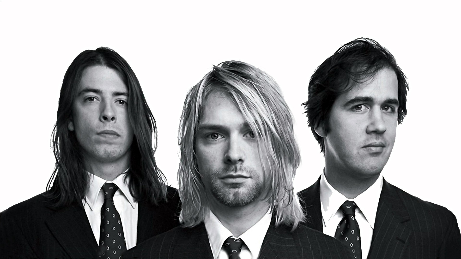 People 1920x1080 Nirvana Kurt Cobain Dave Grohl Krist Novoselic men monochrome simple background band