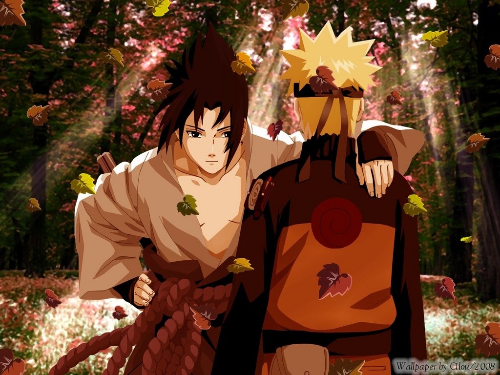 Anime 1024x768 Uzumaki Naruto Naruto Shippuden Uchiha Sasuke fall leaves anime
