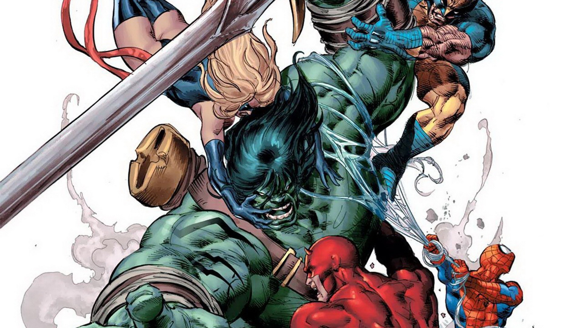 General 1920x1080 comics Wolverine Hulk Spider-Man Daredevil Marvel Comics Ms. Marvel comic art white background green skin women men battle The Flash artwork