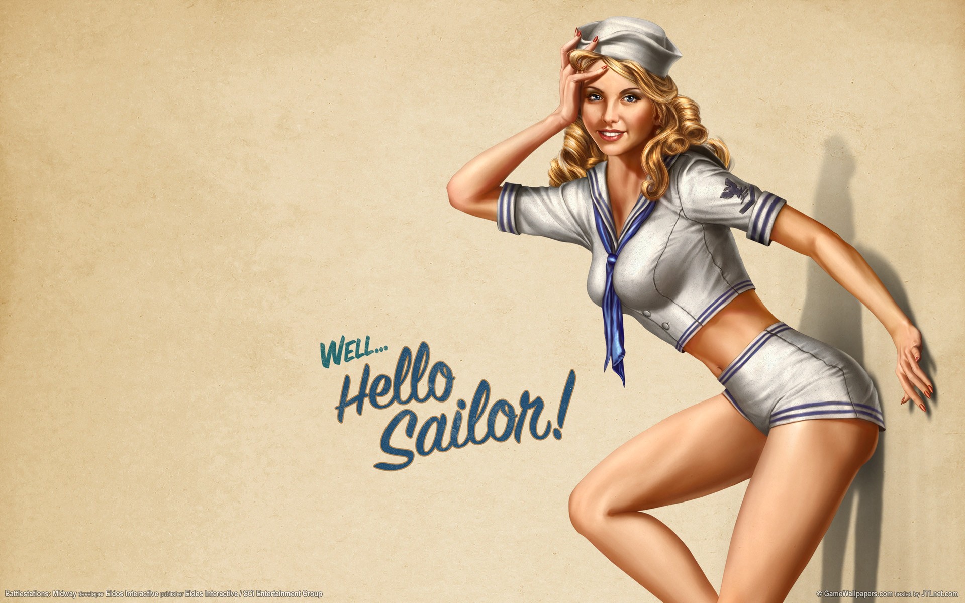 General 1920x1200 blonde women long hair blue eyes sailor uniform looking at viewer pinup models hat legs leaning