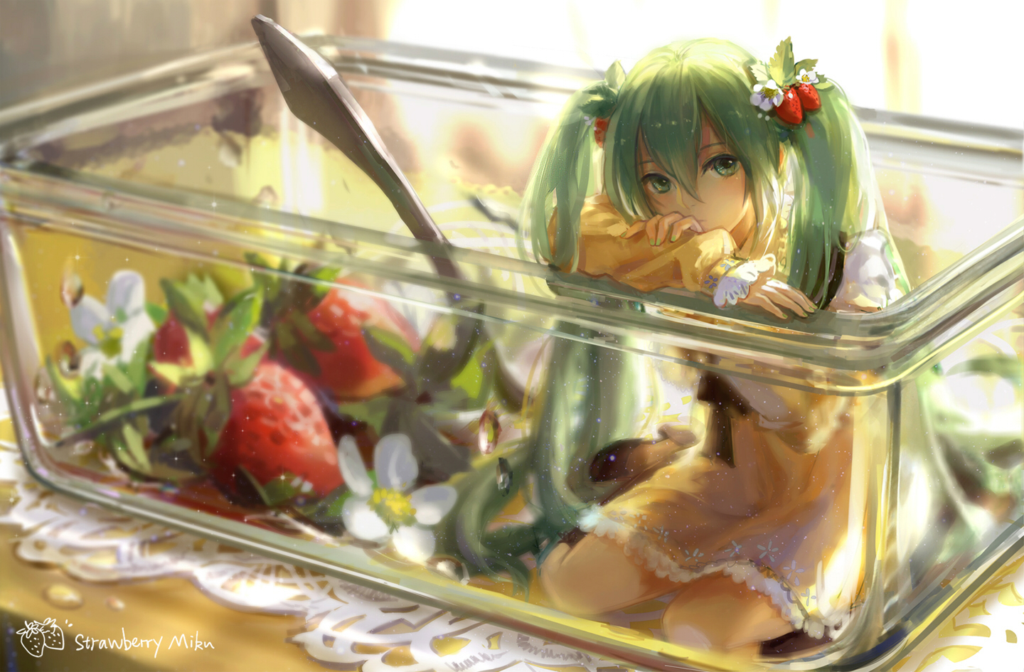 Anime 1440x945 Vocaloid Hatsune Miku soft shading anime girls anime food green hair strawberries flowers green eyes looking at viewer fruit twintails Pixiv