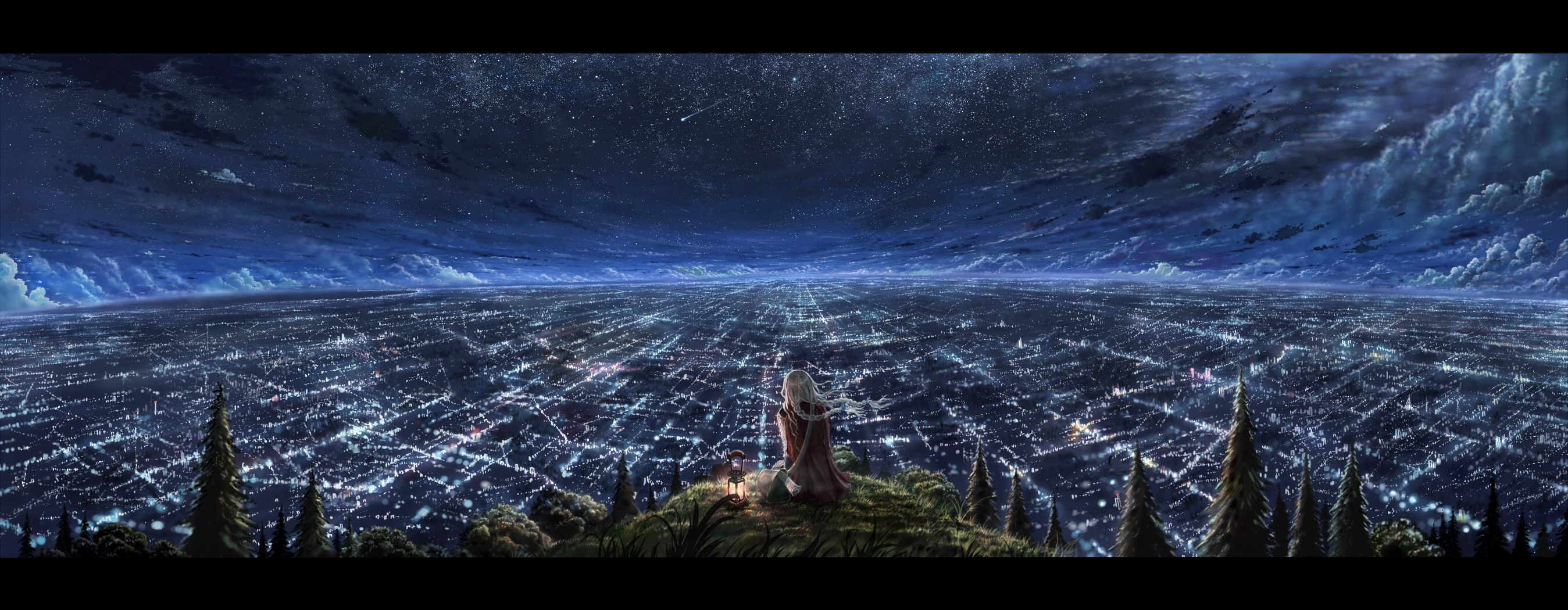 General 2697x1050 cliff city night stars horizon clouds sitting cityscape anime girls artwork C_o_l_a