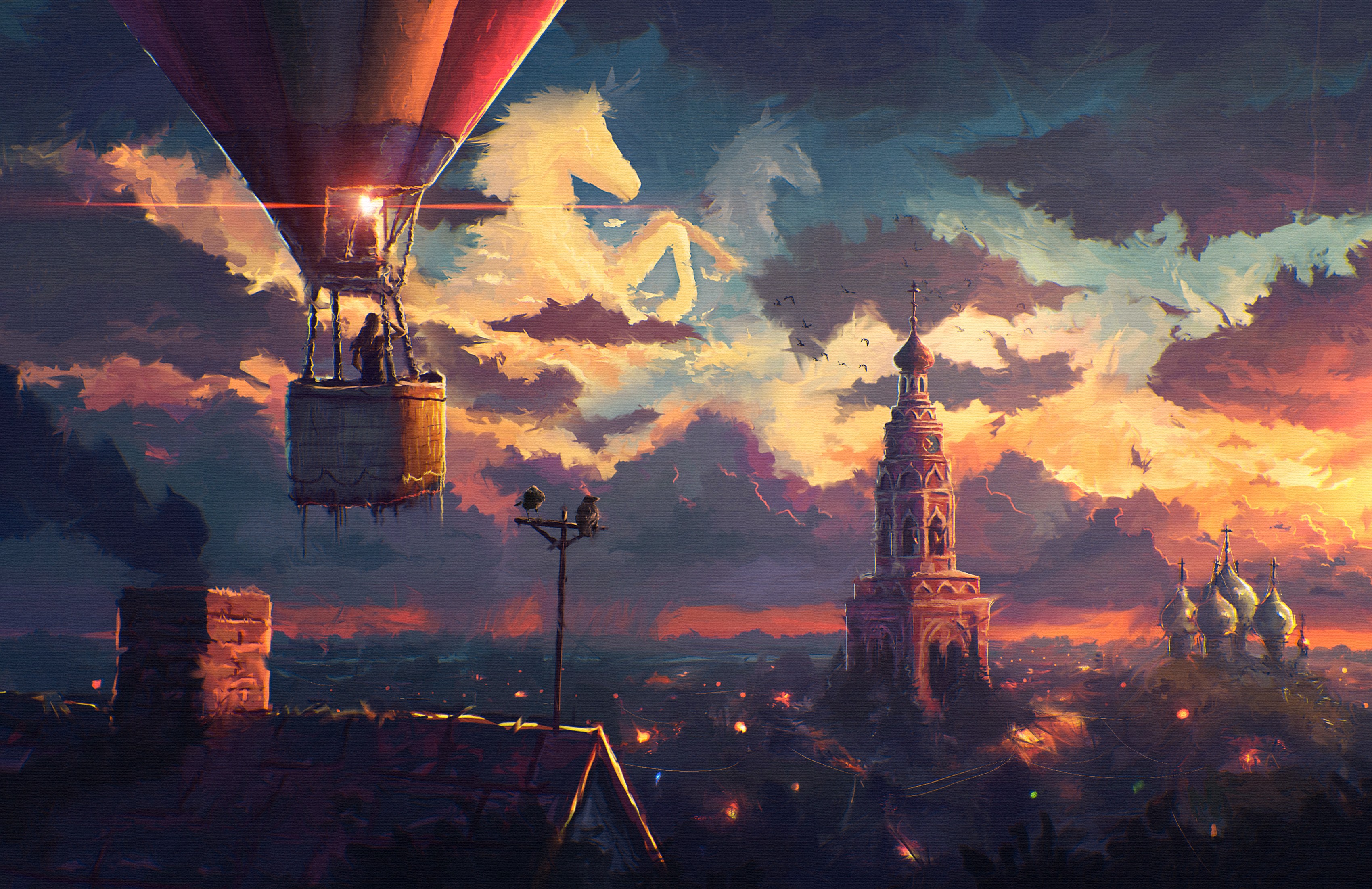General 3400x2204 hot air balloons horse clouds Sylar113 Russia Moscow lights flying DeviantArt rooftops vehicle fantasy art sky digital art