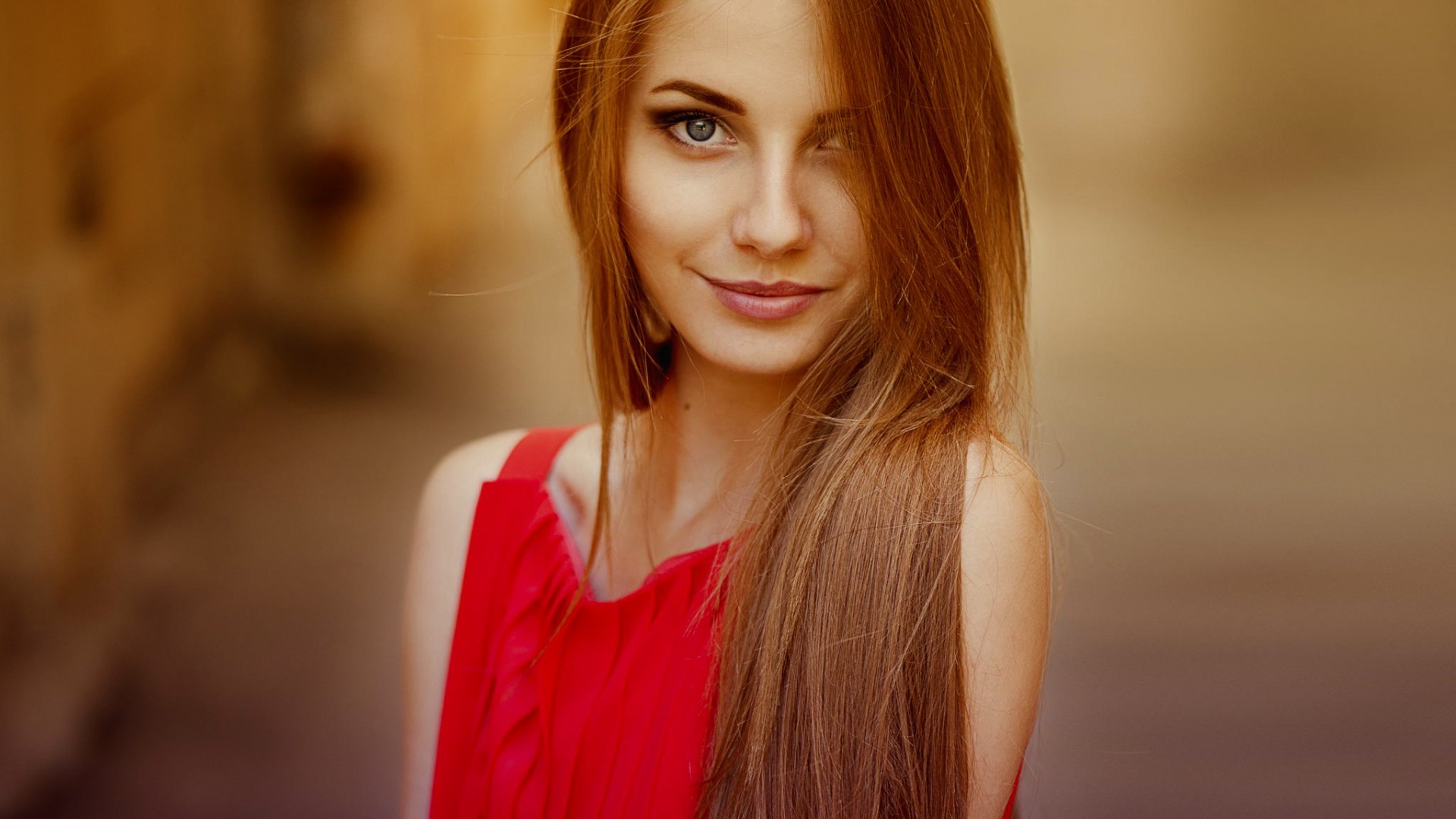 People 1920x1080 women model long hair smiling brunette red dress women outdoors blue eyes filter airbrushed Ann Nevreva looking at viewer red clothing