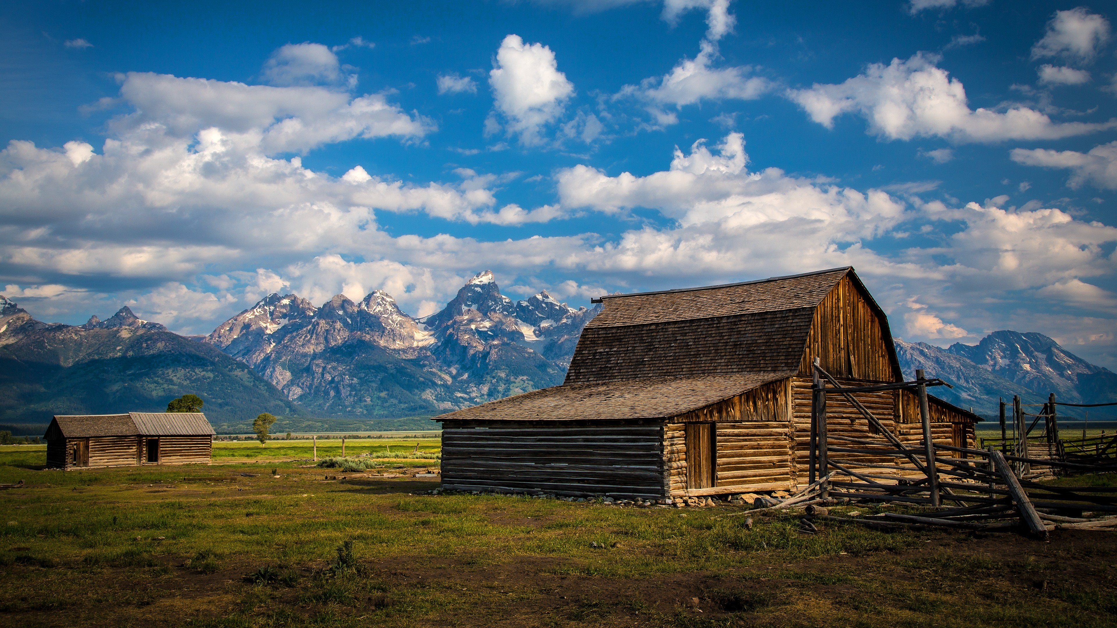 General 3840x2160 landscape barns mountains nature cabin clouds grass Wyoming USA building Grand Teton National Park