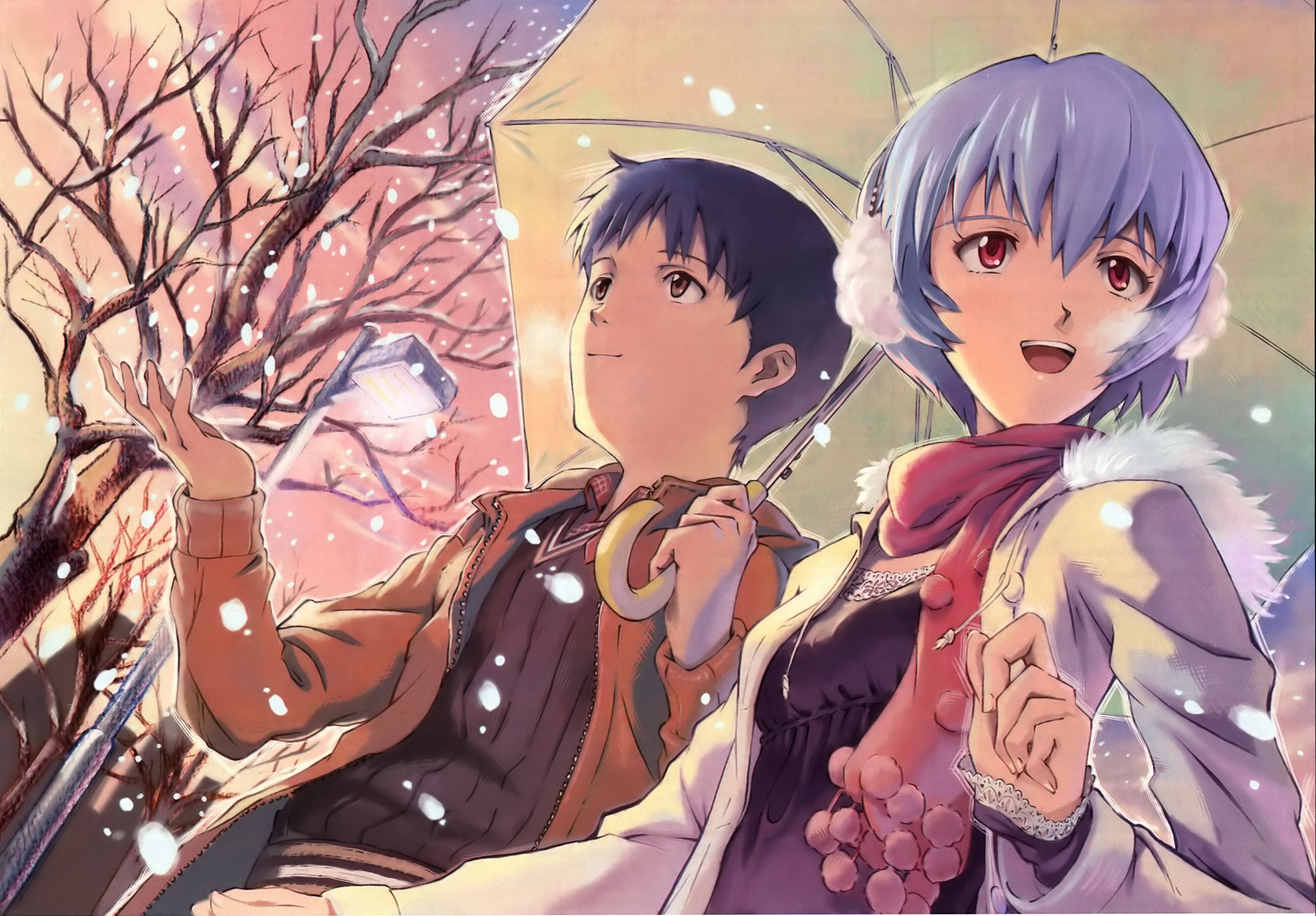 Anime 3051x2124 anime winter Neon Genesis Evangelion Ikari Shinji Ayanami Rei anime girls anime boys cold outdoors umbrella