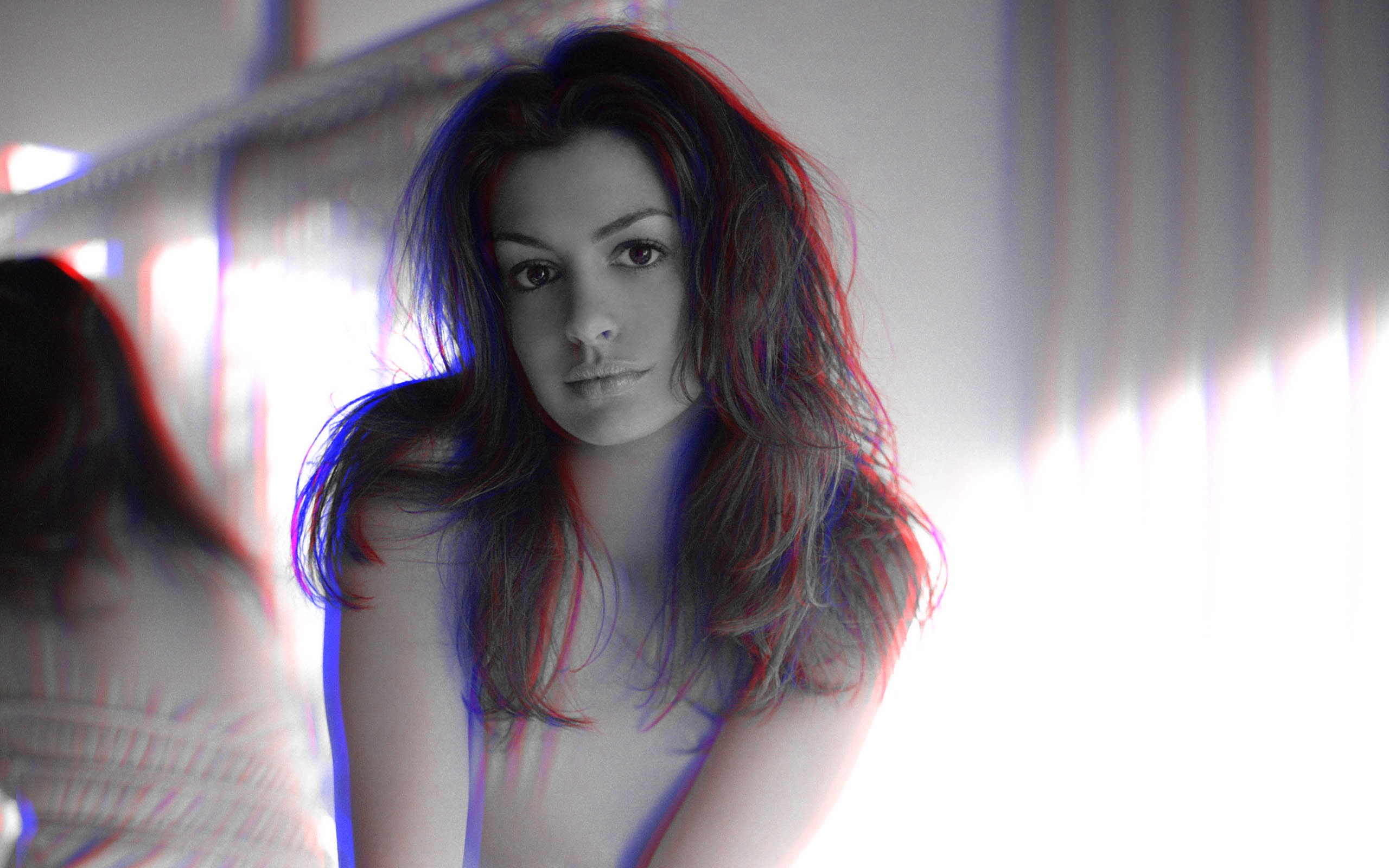 People 2560x1600 Anne Hathaway women long hair celebrity face looking at viewer women indoors indoors anaglyph 3D monochrome