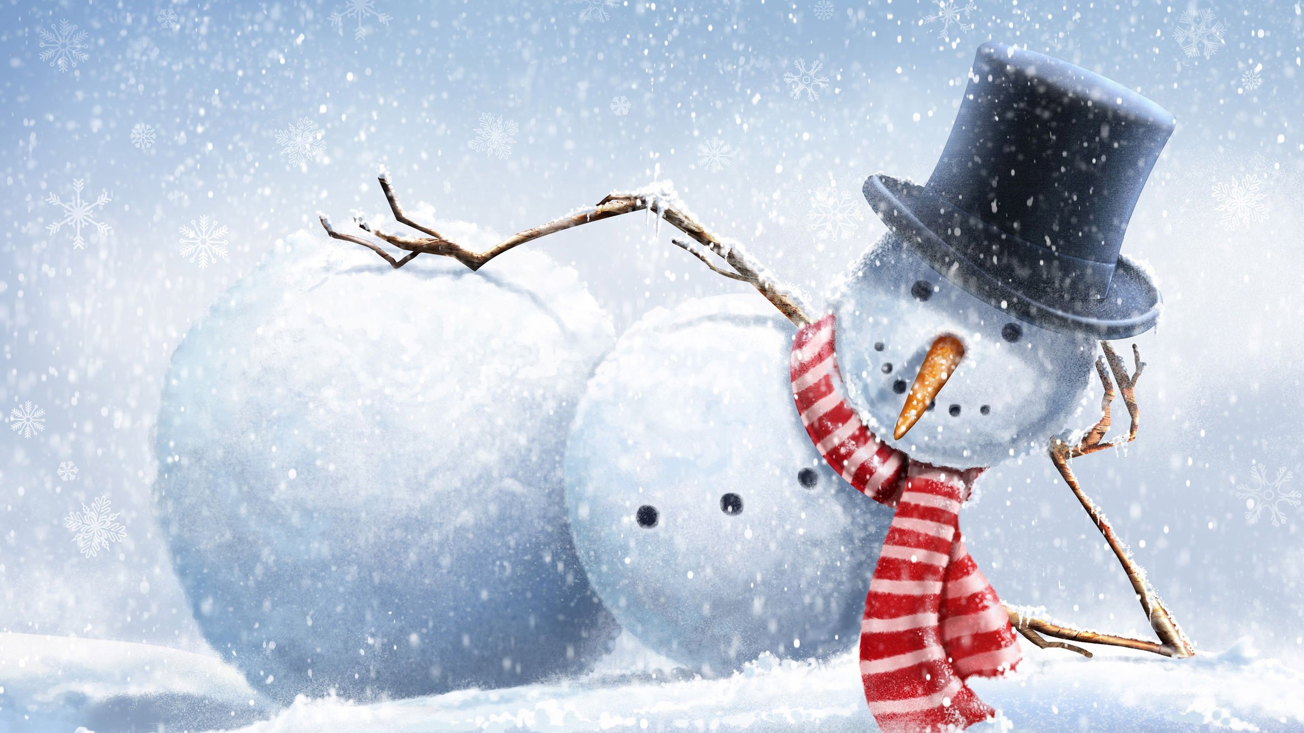 General 2560x1440 drawing snow winter top hat branch carrots snowflakes scarf snowman digital art