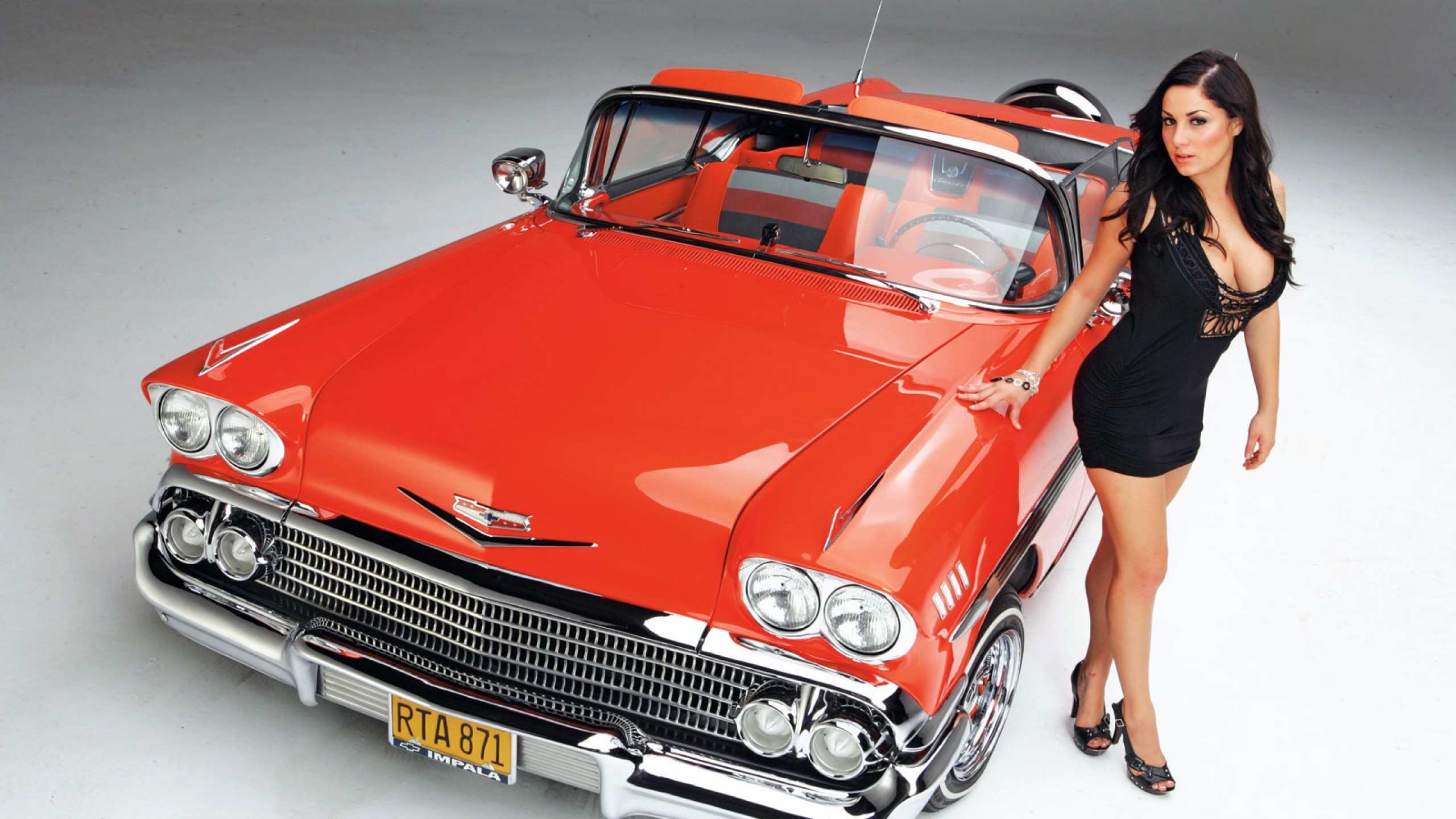 People 2560x1440 car pinup models high angle Chevrolet classic car old car red cars Chevrolet Bel Air women with cars vehicle boobs cleavage simple background gray background oldtimers dress dark hair looking at viewer heels black heels women American cars