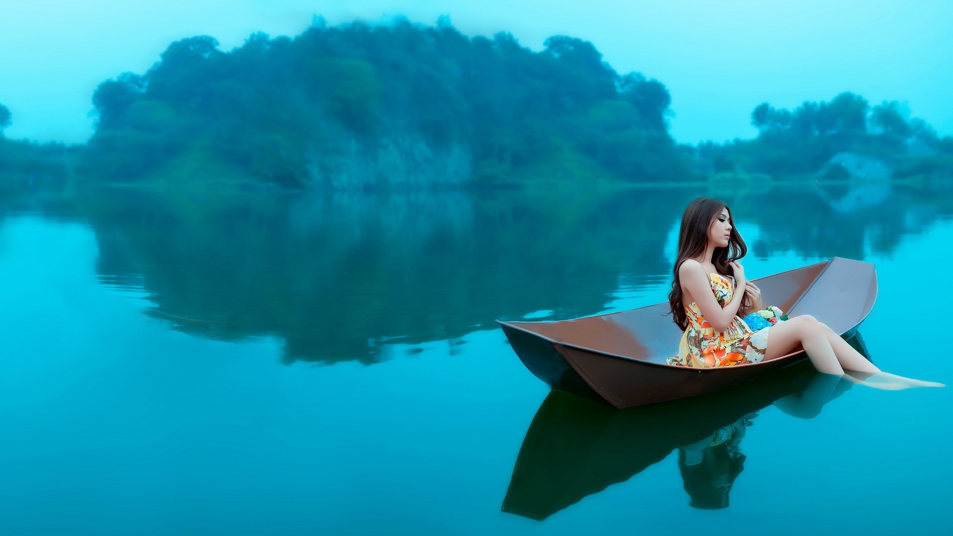 People 1920x1080 boat water women island brunette turquoise lake cyan women outdoors long hair calm dress vehicle model