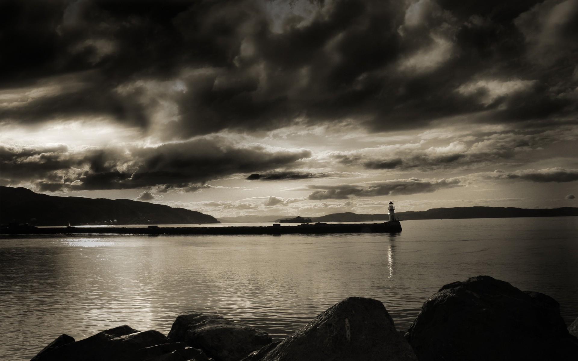 General 1920x1200 sepia lighthouse clouds nature outdoors sky water low light monochrome