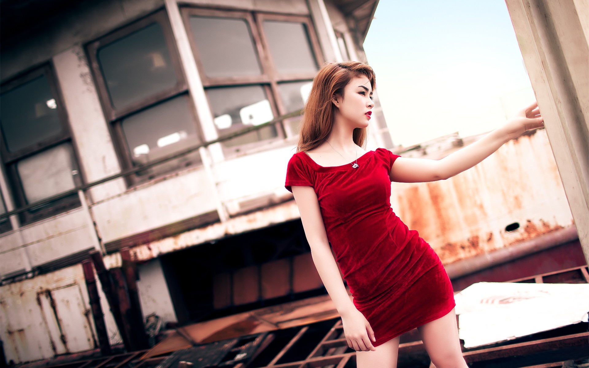 People 1920x1200 women long hair women outdoors redhead Asian red dress minidress open mouth industrial building model standing looking away necklace makeup red lipstick
