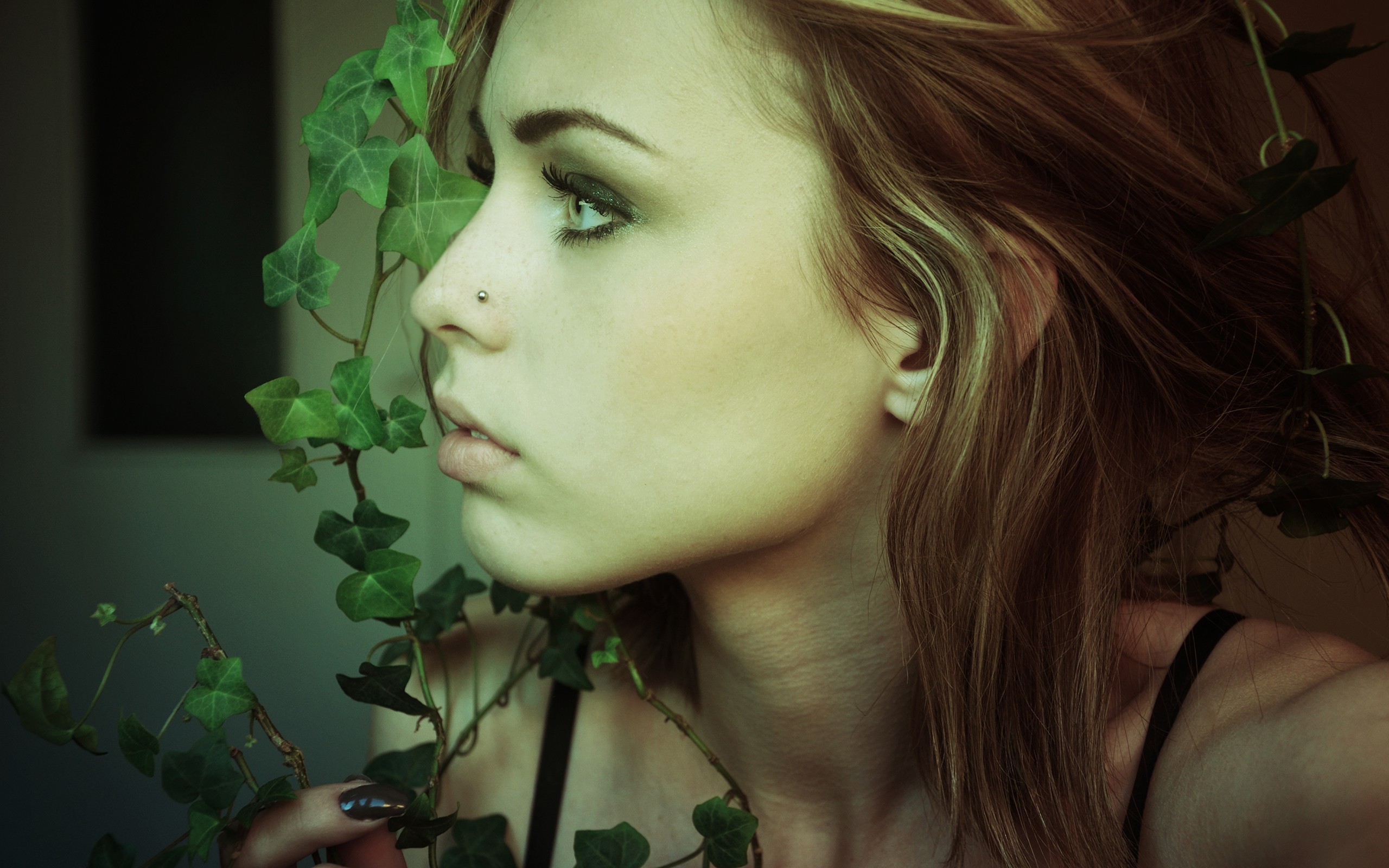 People 2560x1600 women model face open mouth long hair brunette green eyes piercing plants