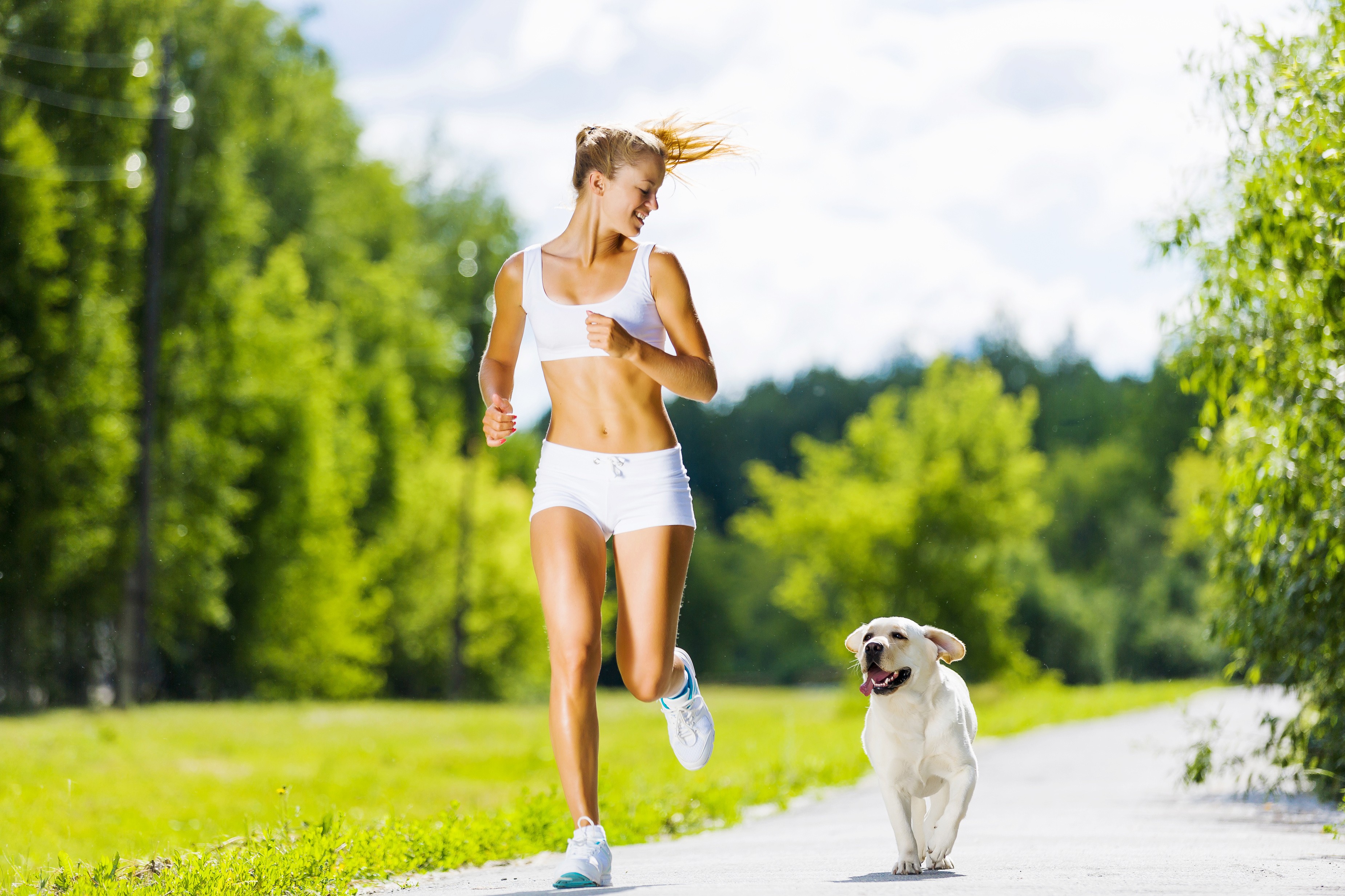 People 3700x2467 women fitness model blonde dog women outdoors running gym clothes sports bra women with dogs socks white socks short socks sneakers shoes white sneakers white shoes depth of field animals mammals working out sport exercise jogging belly