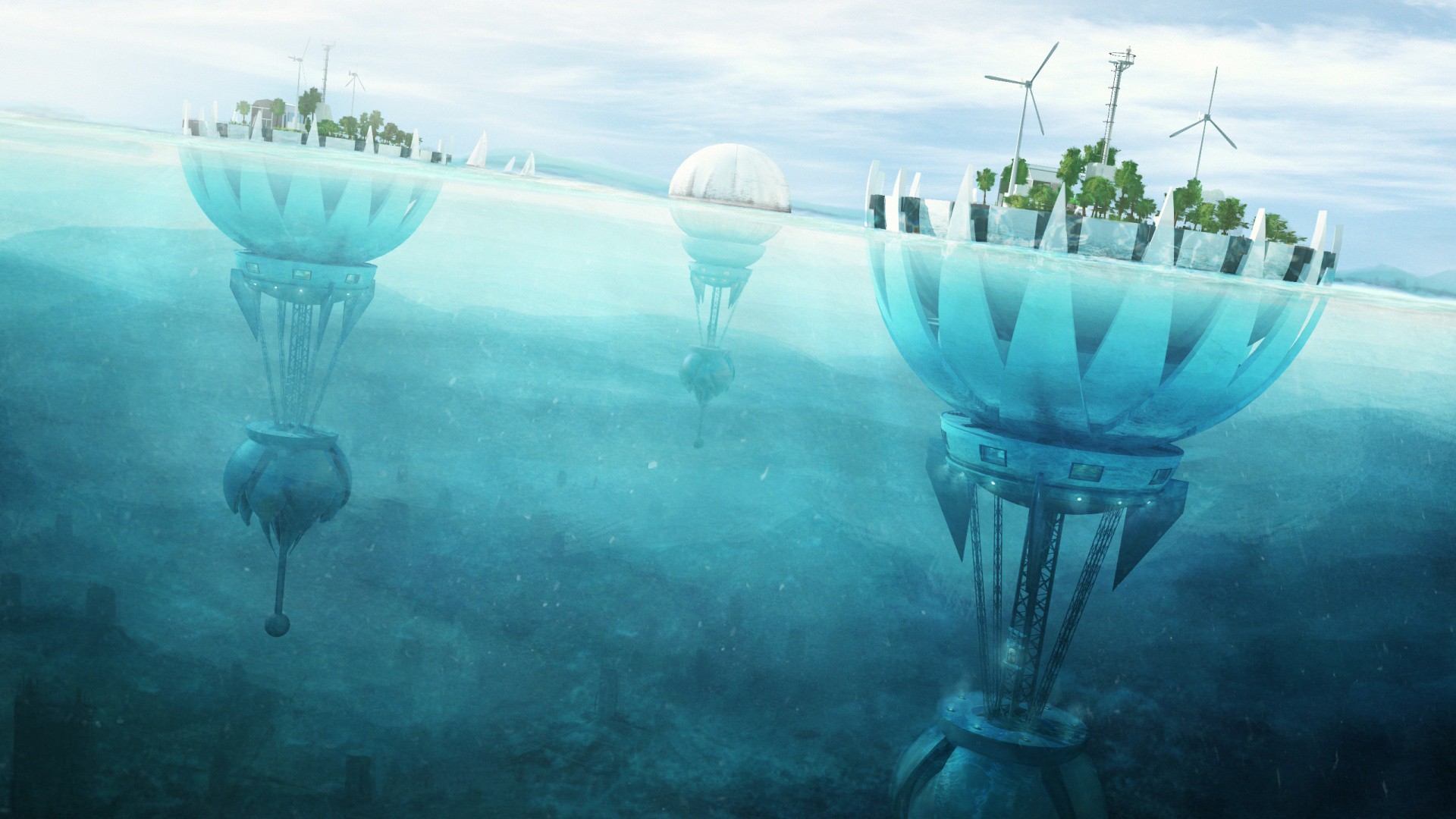 General 1920x1080 digital art underwater futuristic cyan science fiction artwork water sea