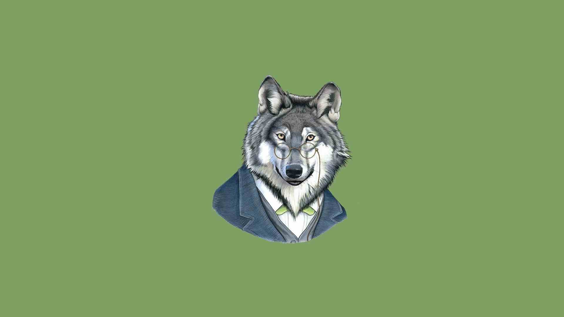 General 1920x1080 minimalism wolf glasses green background green animals mammals simple background artwork