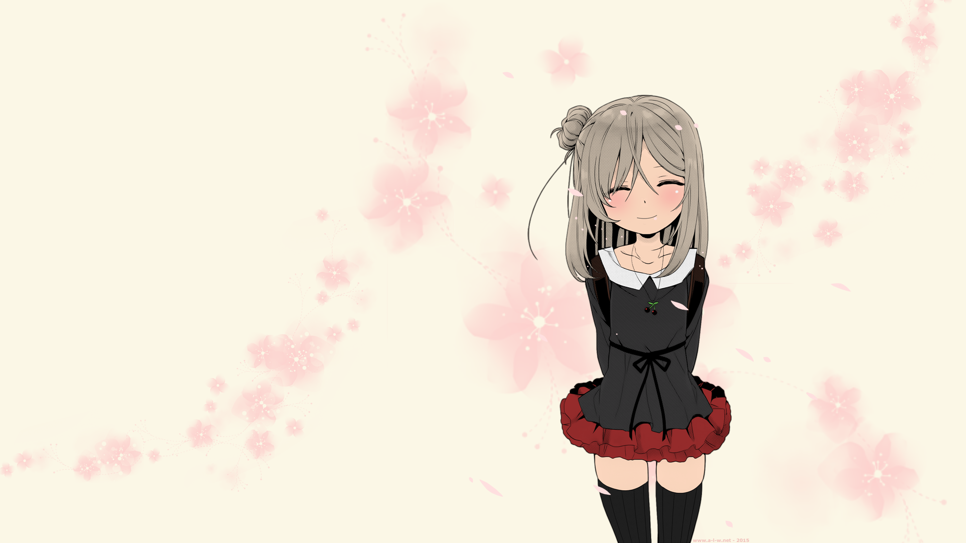 Anime 1920x1080 anime long hair miniskirt stockings cherry blossom anime girls smiling standing simple background