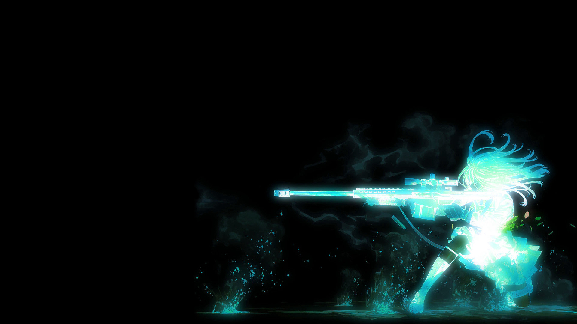 Anime 1920x1080 anime original characters Kozaki Yuusuke cyan rifles weapon aiming simple background black background sniper rifle
