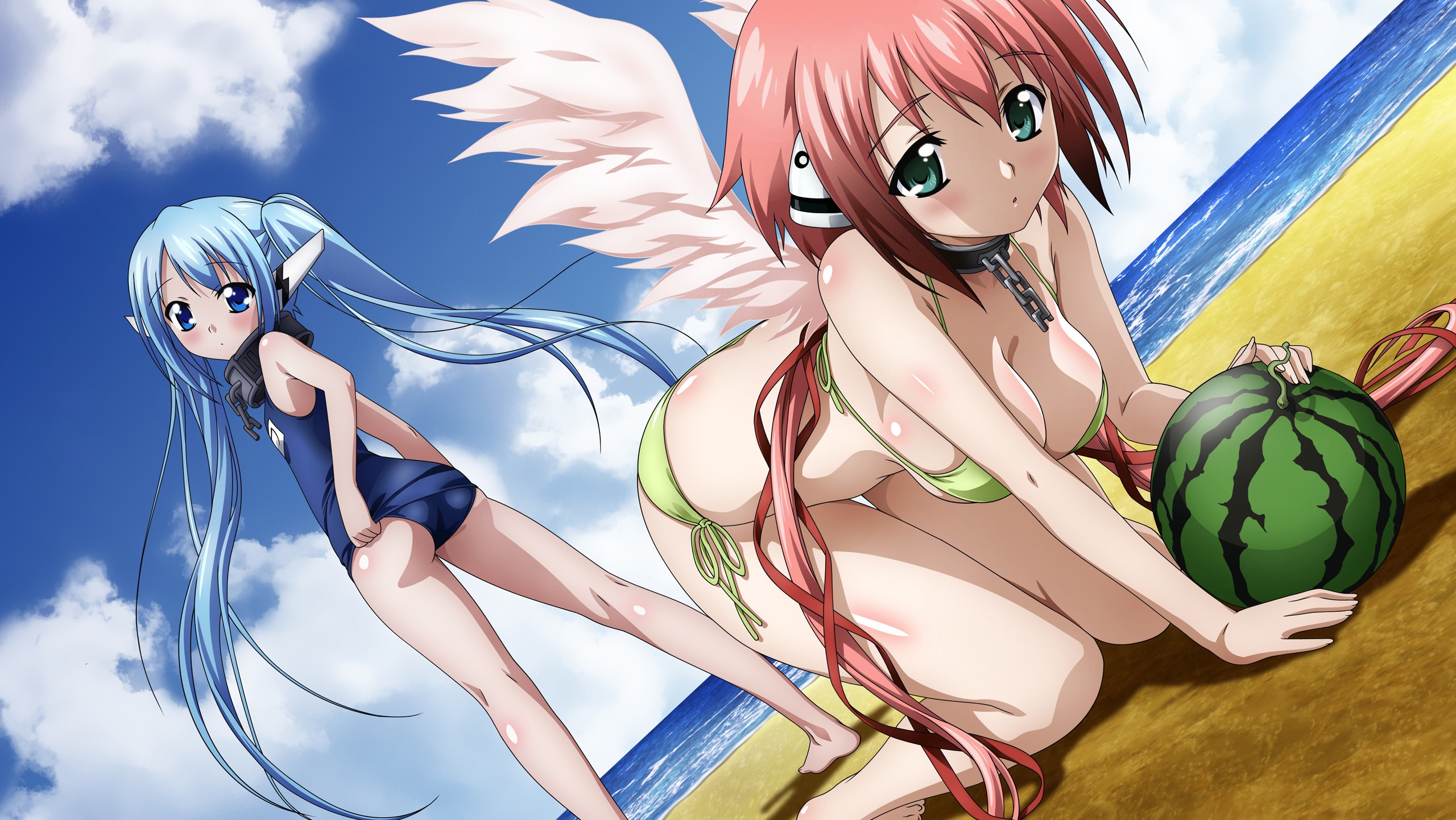 Anime 2560x1442 Sora no Otoshimono Ikaros anime girls bikini wings watermelons beach big boobs anime two women boobs food fruit bent over standing swimwear