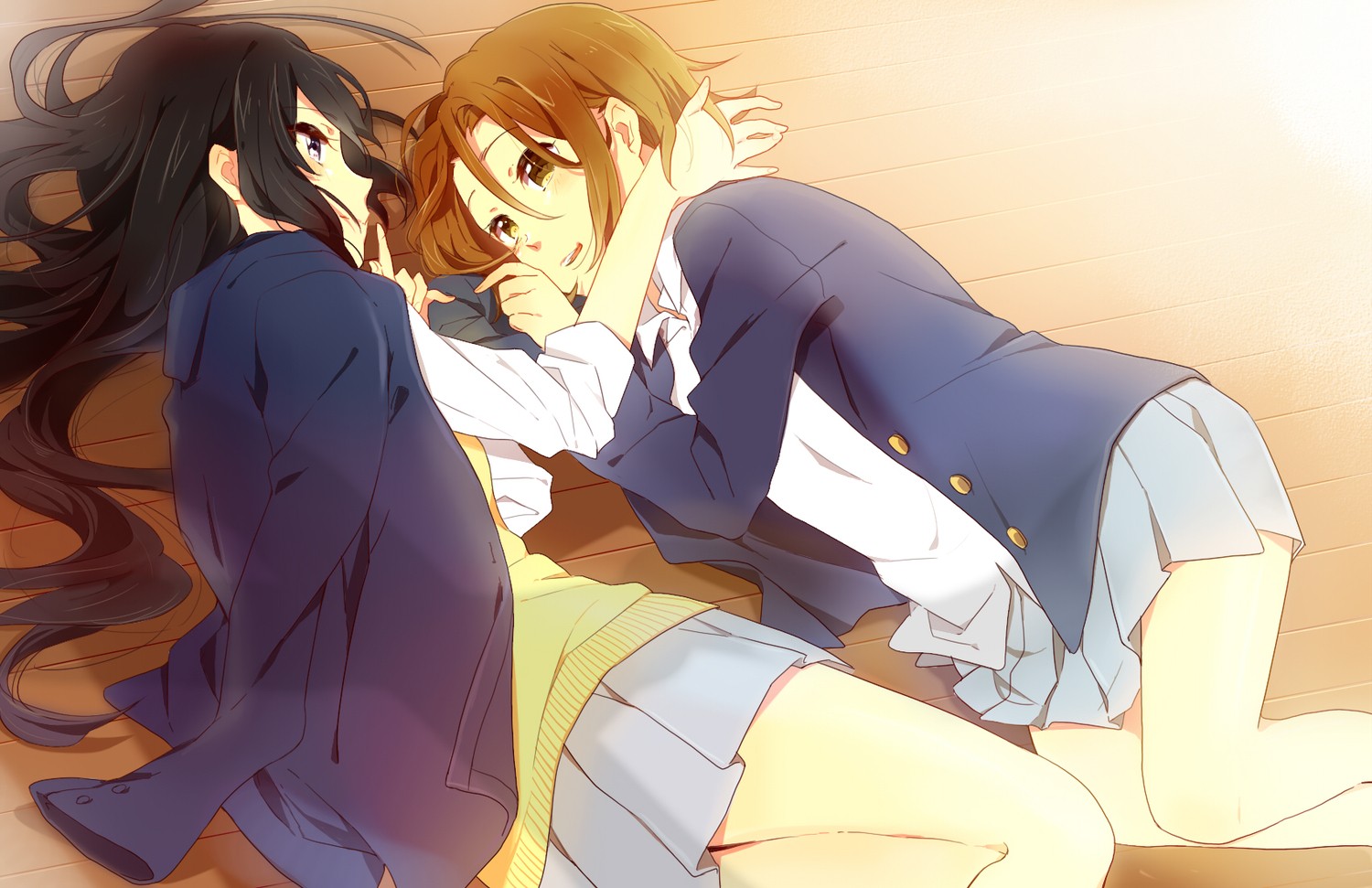 Anime 1500x971 anime anime girls lying down school uniform schoolgirl Akiyama Mio K-ON! Tainaka Ritsu two women on the floor long hair