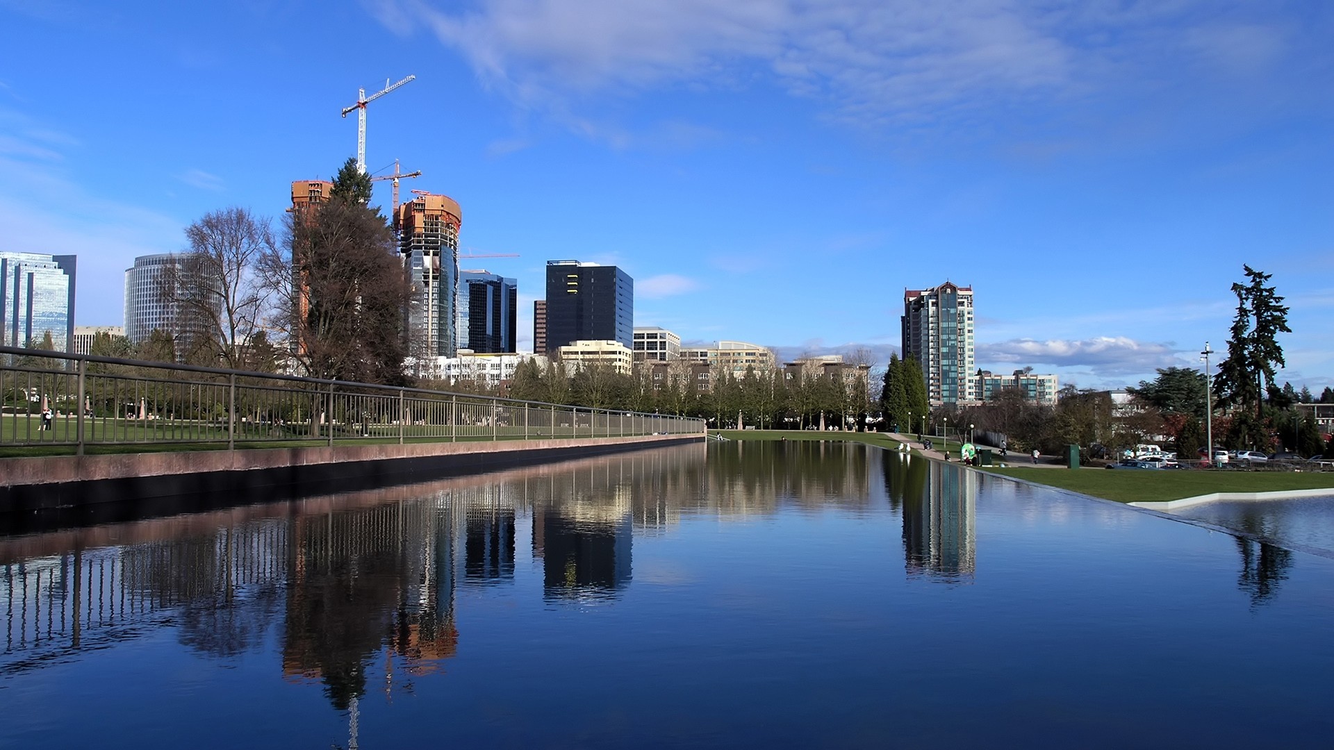 General 1920x1080 cityscape city park canal water reflection