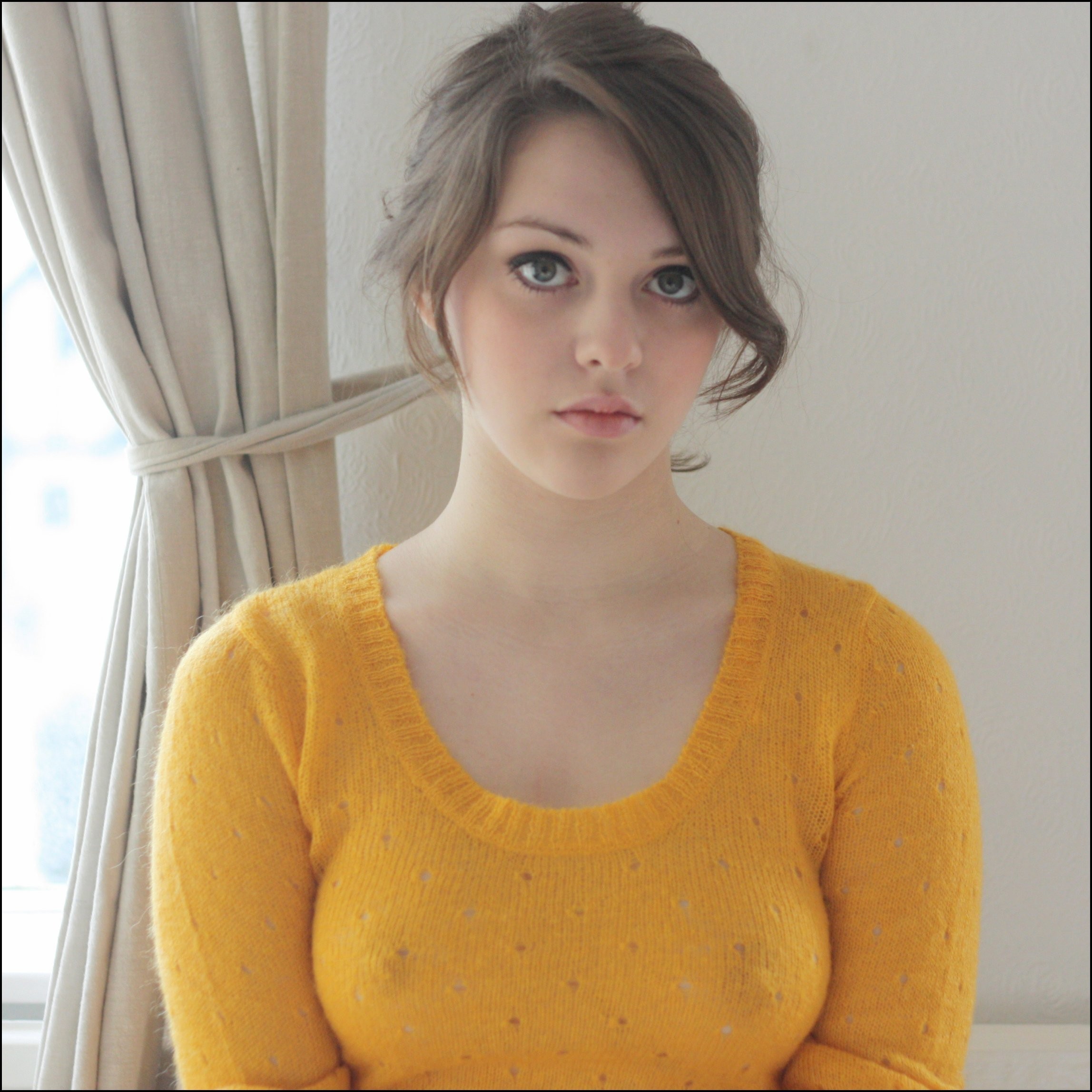 People 2295x2294 Imogen Dyer women nipples through clothing sweater yellow sweater brunette women indoors looking at viewer face indoors knit fabric