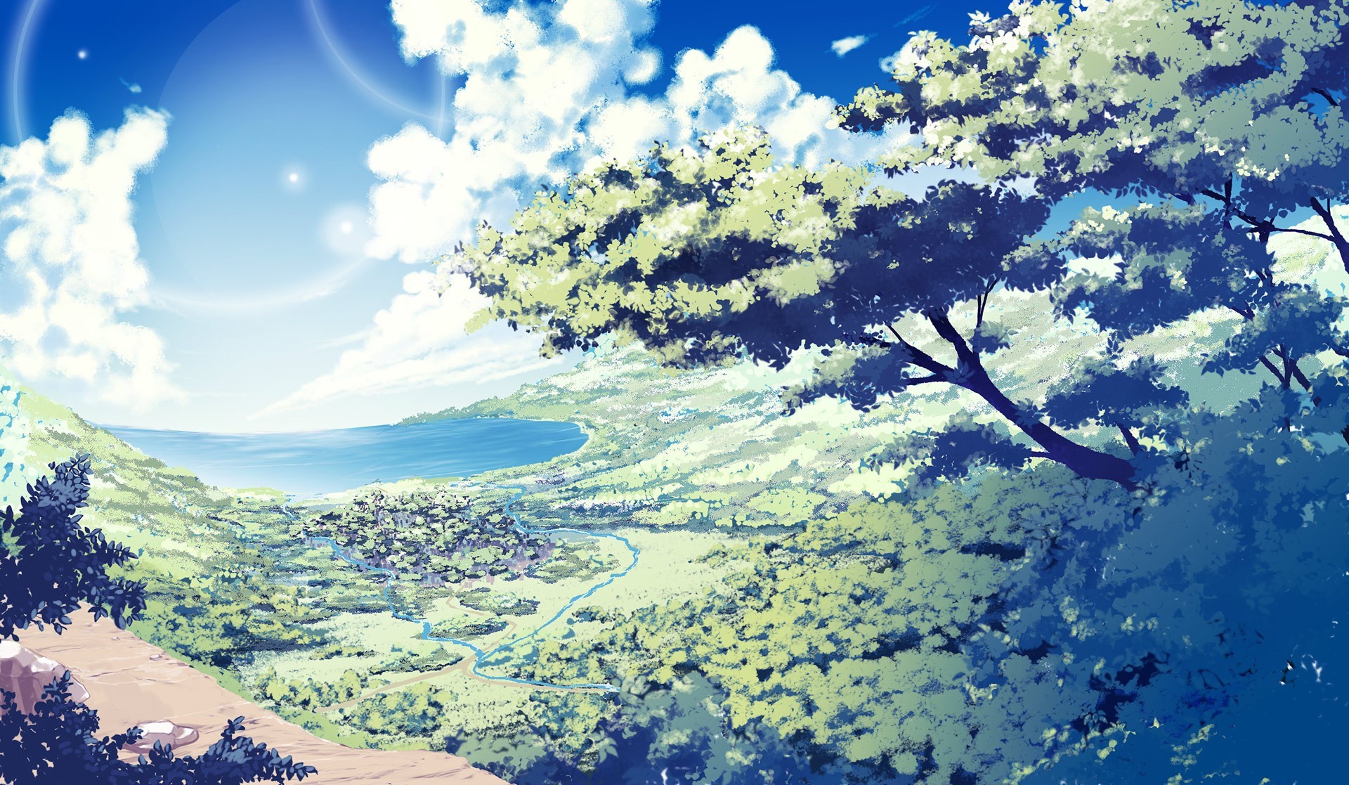 Anime 1920x1117 anime scenery sky trees