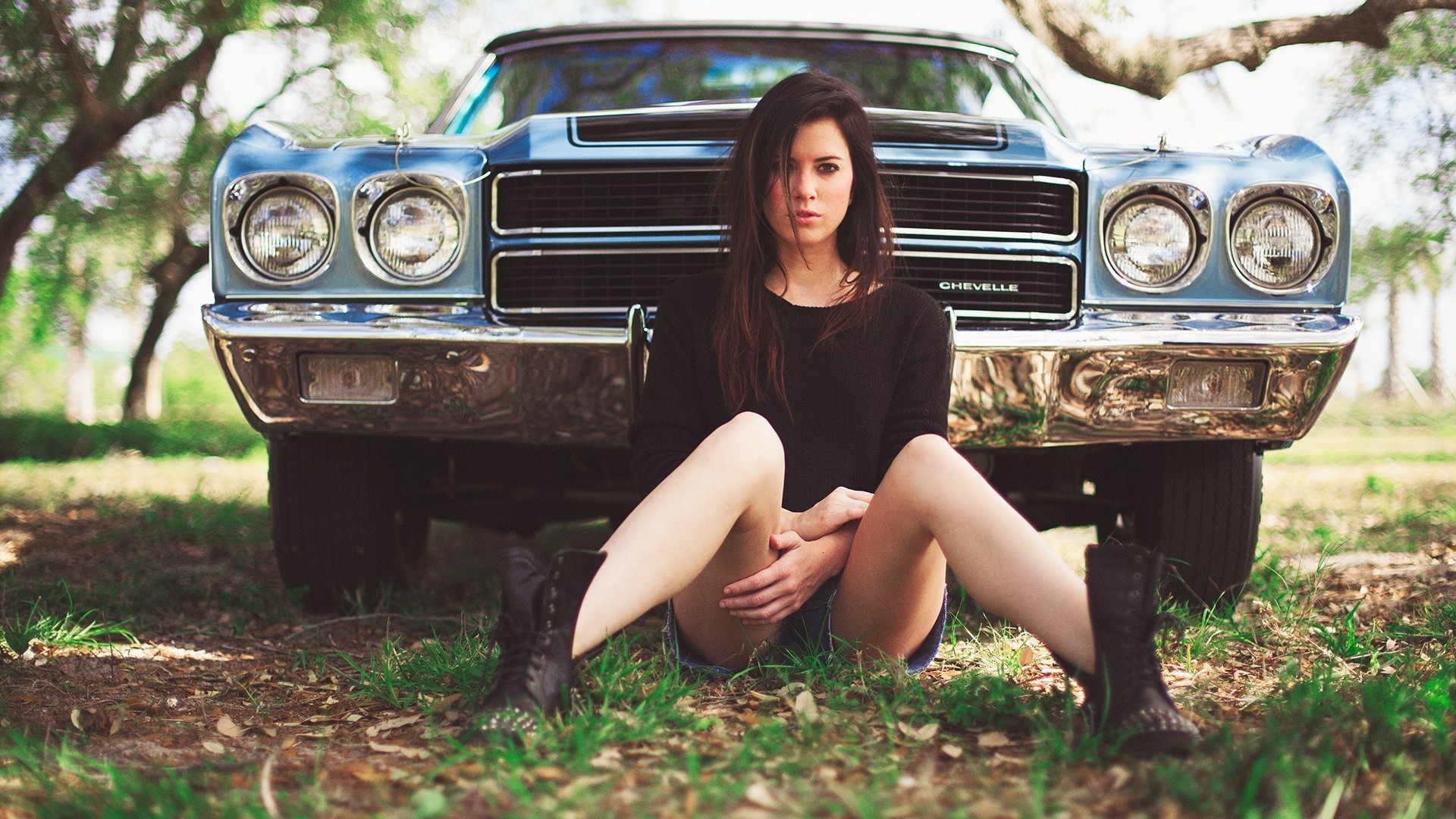 People 1920x1080 car women Chevrolet Chevelle brunette jean shorts nature grass women with cars Chevelle SS boots vehicle sitting women outdoors blue cars dark hair looking at viewer legs Chevrolet no socks