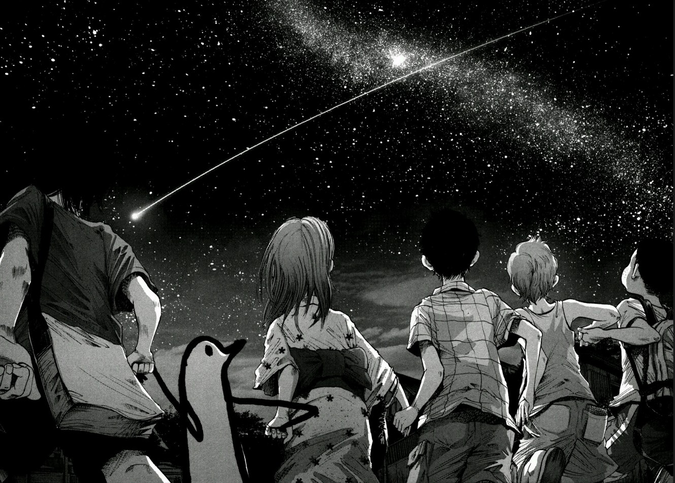 Anime 1330x953 manga Oyasumi Punpun anime sky monochrome stars outdoors anime girls anime boys