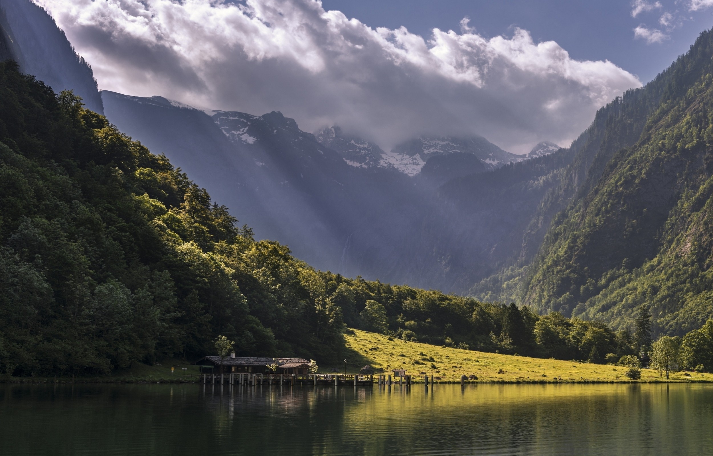 General 2500x1600 landscape nature lake house grass forest mountains clouds sun rays mist summer snowy peak green water
