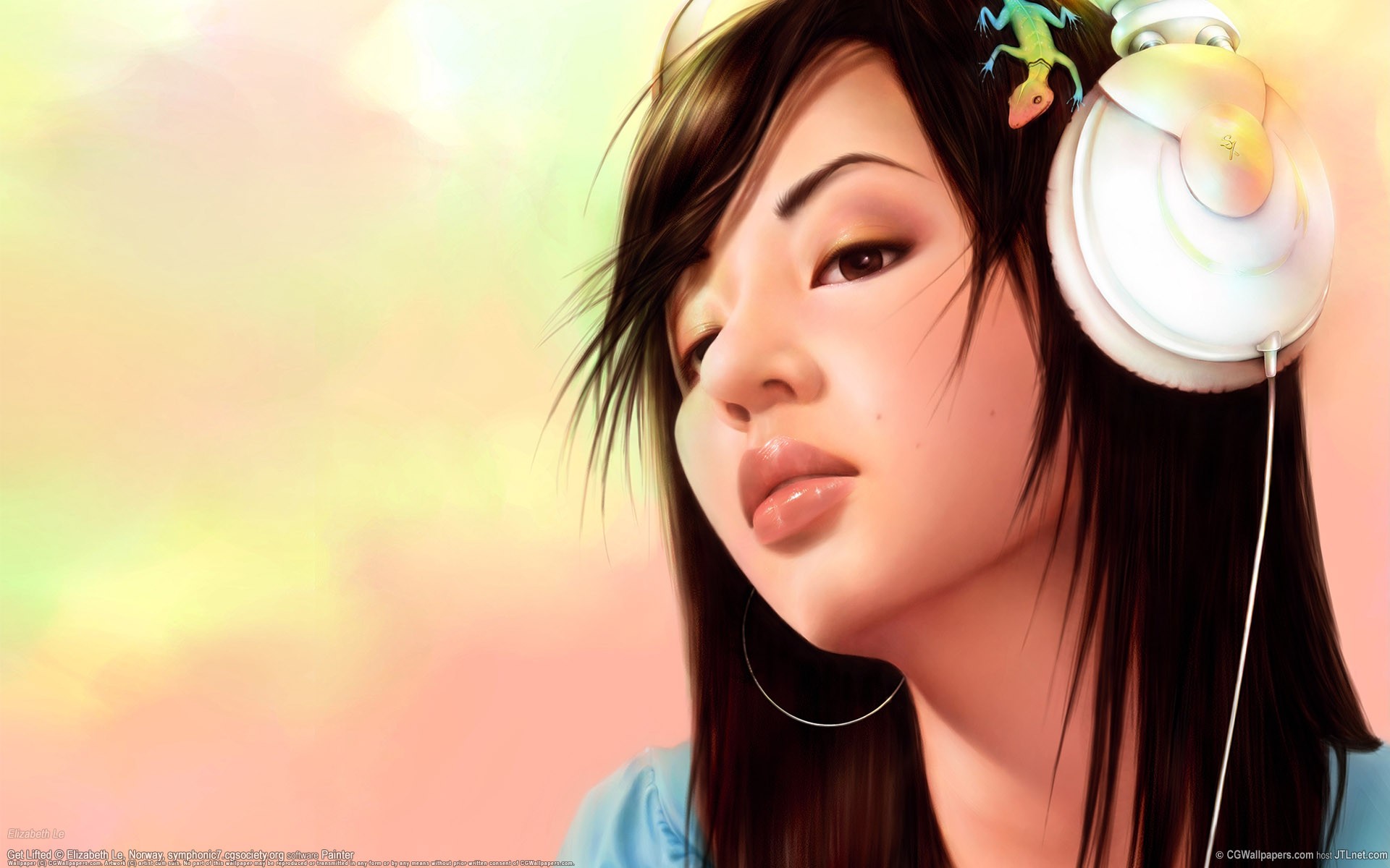 General 1920x1200 headphones women artwork digital art brunette simple background CGI face closeup