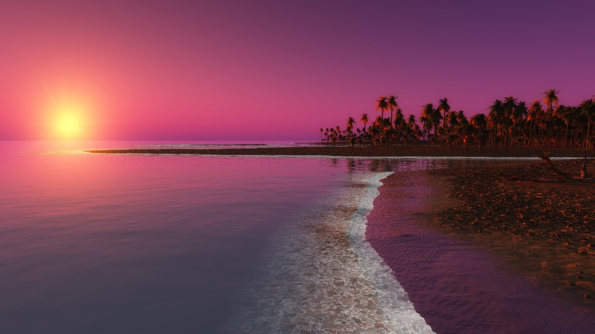 General 1920x1080 water beach palm trees sunlight evening sky
