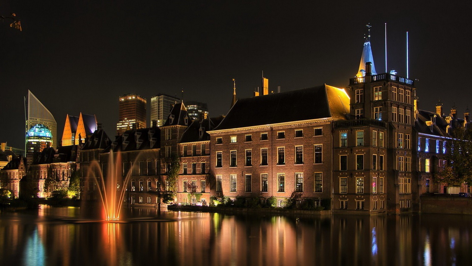 General 1920x1080 architecture building water reflection long exposure night lights old building fountain modern window
