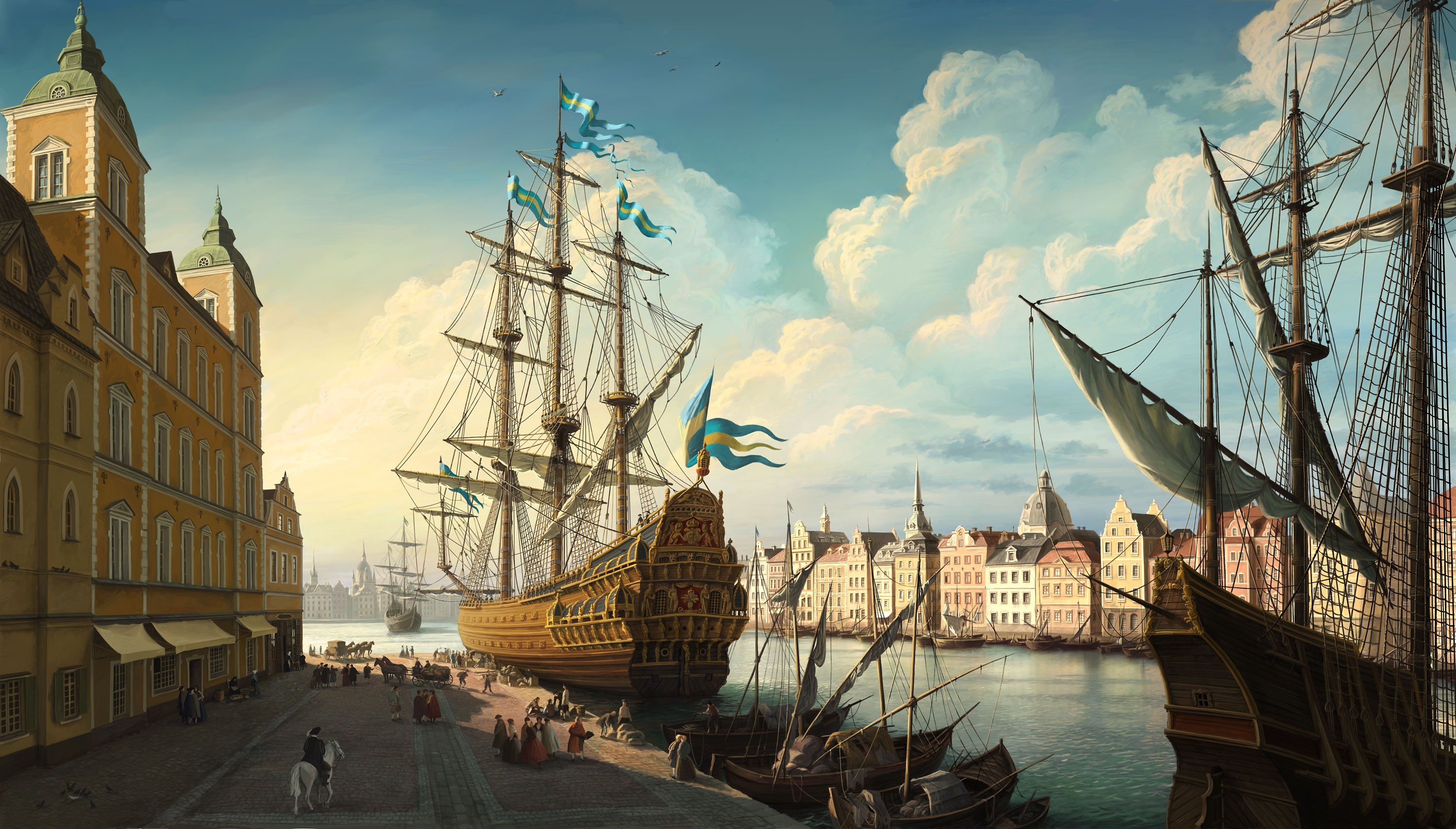 General 3000x1709 ship artwork Sweden Stockholm Vasa Stockholm sailing ship flag cityscape classic art