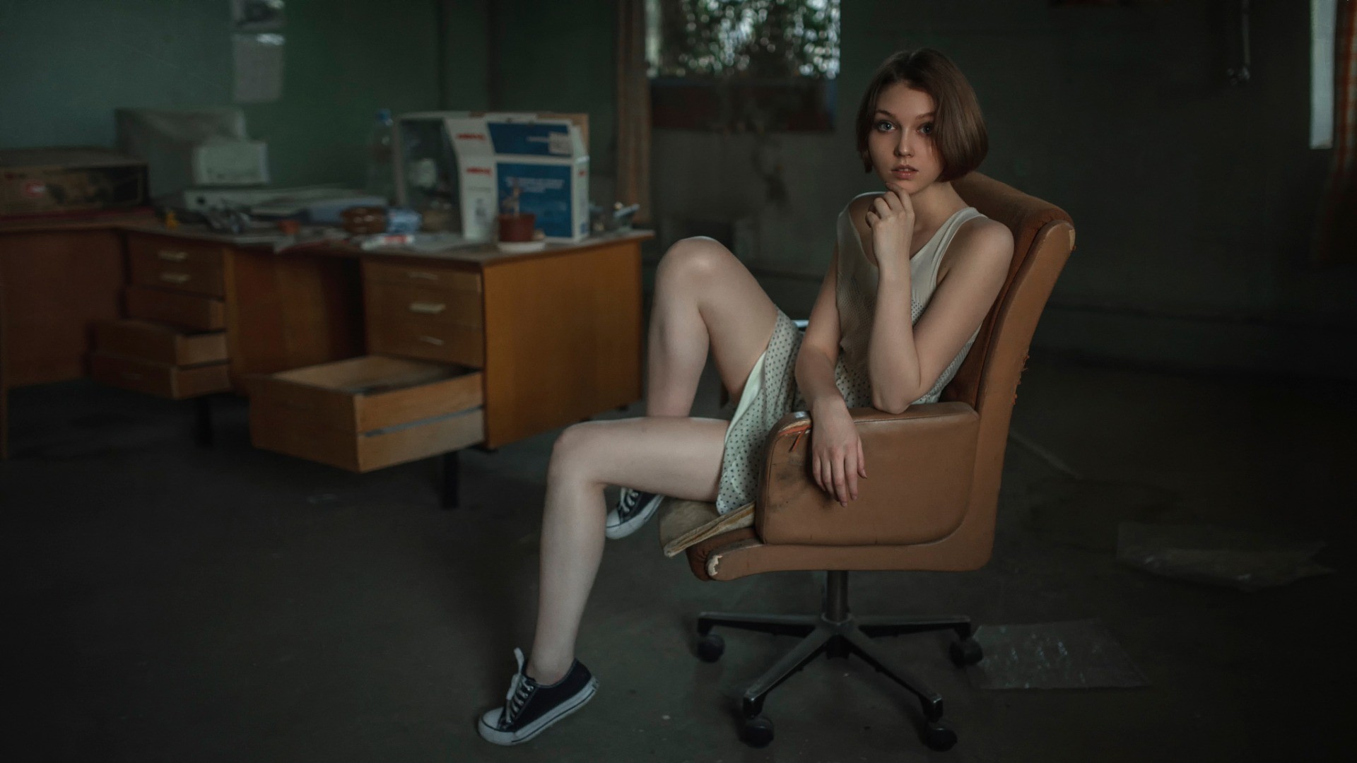 People 1920x1080 women model brunette long hair looking at viewer Georgy Chernyadyev skirt tank top bare shoulders legs Converse sitting chair office open mouth polka dots table Olya Pushkina