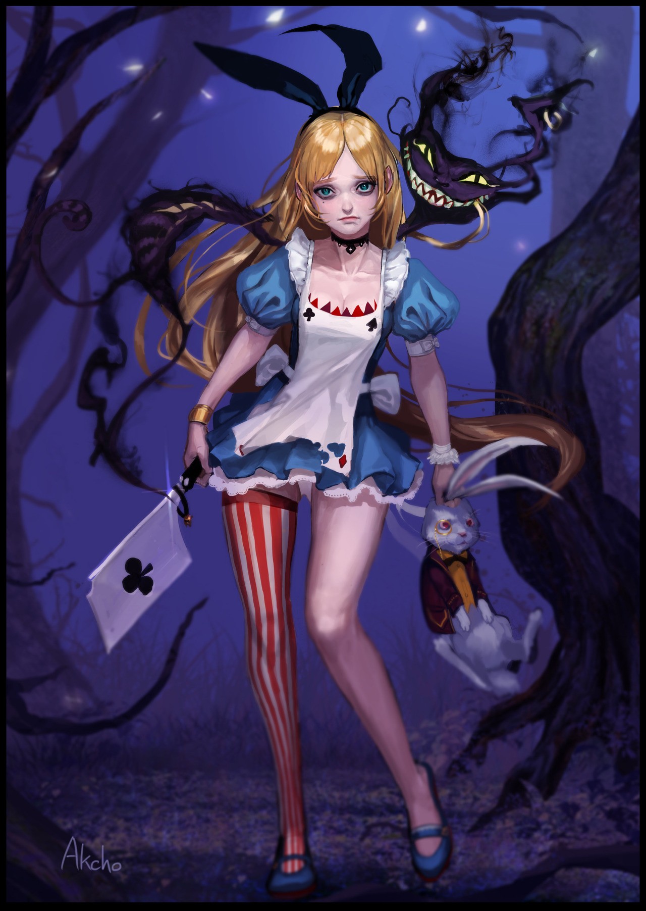General 1280x1804 Alice in Wonderland anime girls blonde fantasy girl fantasy art legs bunny ears dress stockings striped stockings