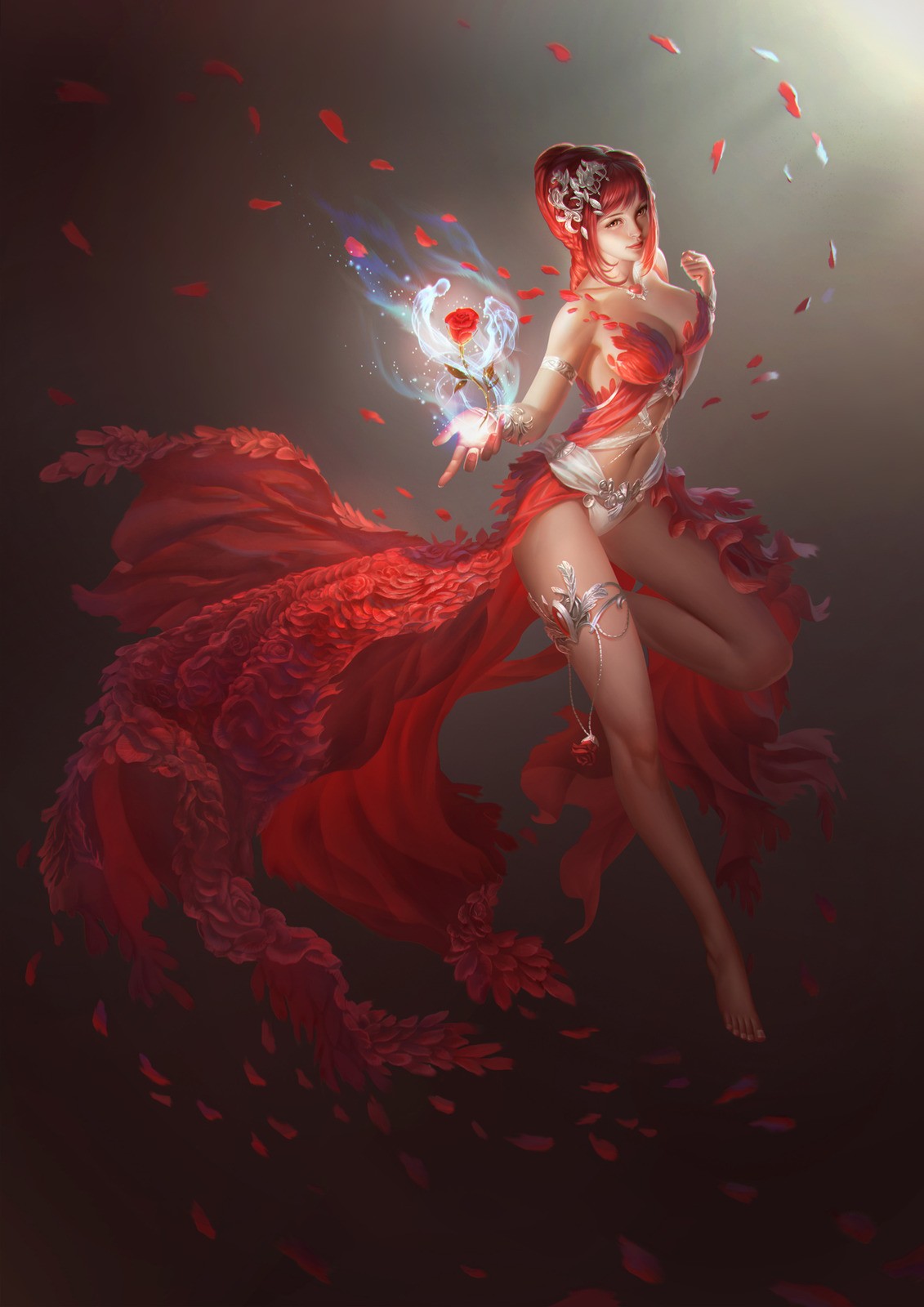 General 1131x1600 Beauty and the Beast fantasy girl fantasy art artwork red redhead legs boobs belly panties simple background women rose flowers plants red flowers barefoot