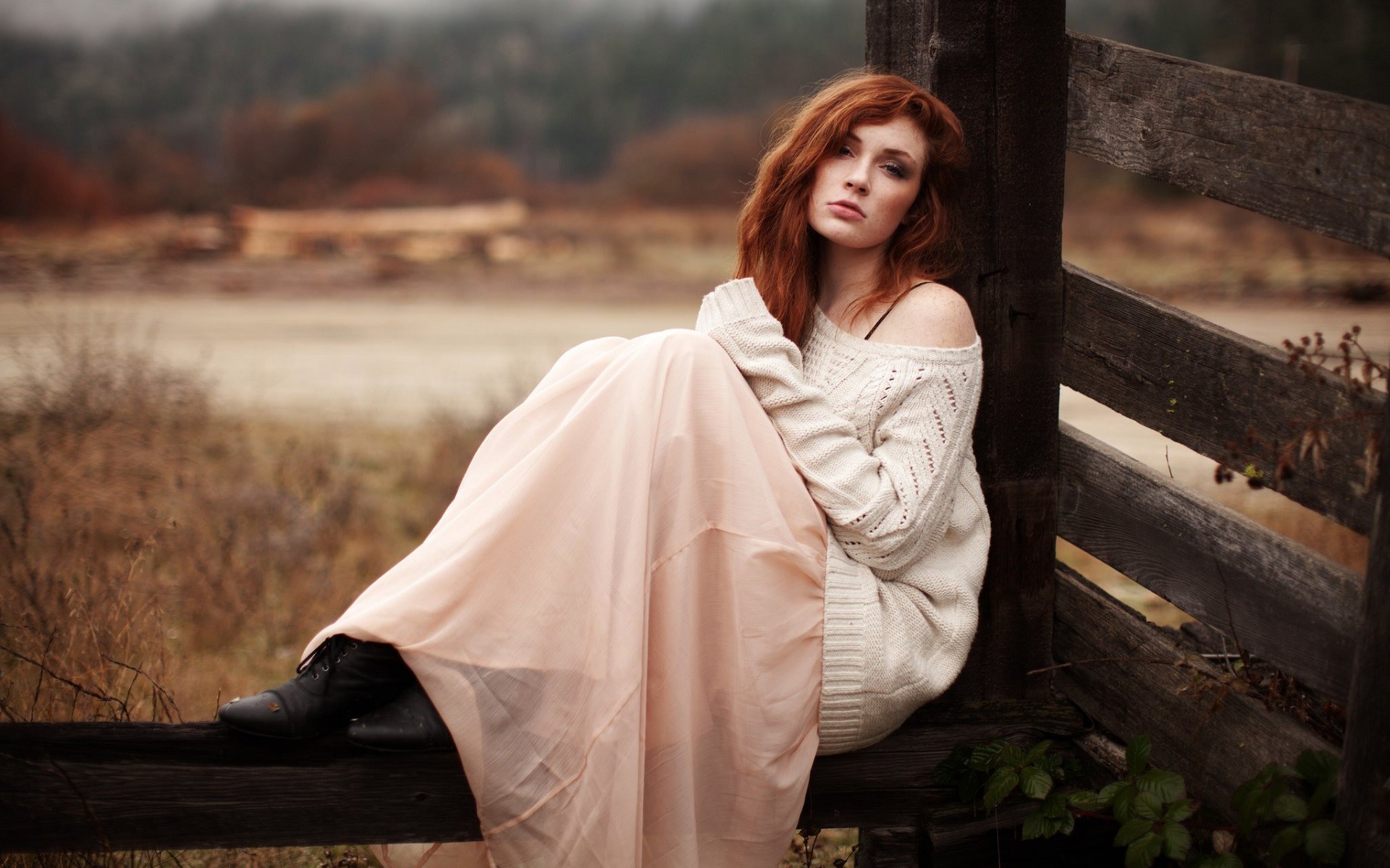 People 1920x1200 women redhead women outdoors skirt sweater Danielle Victoria Perry looking at viewer sitting