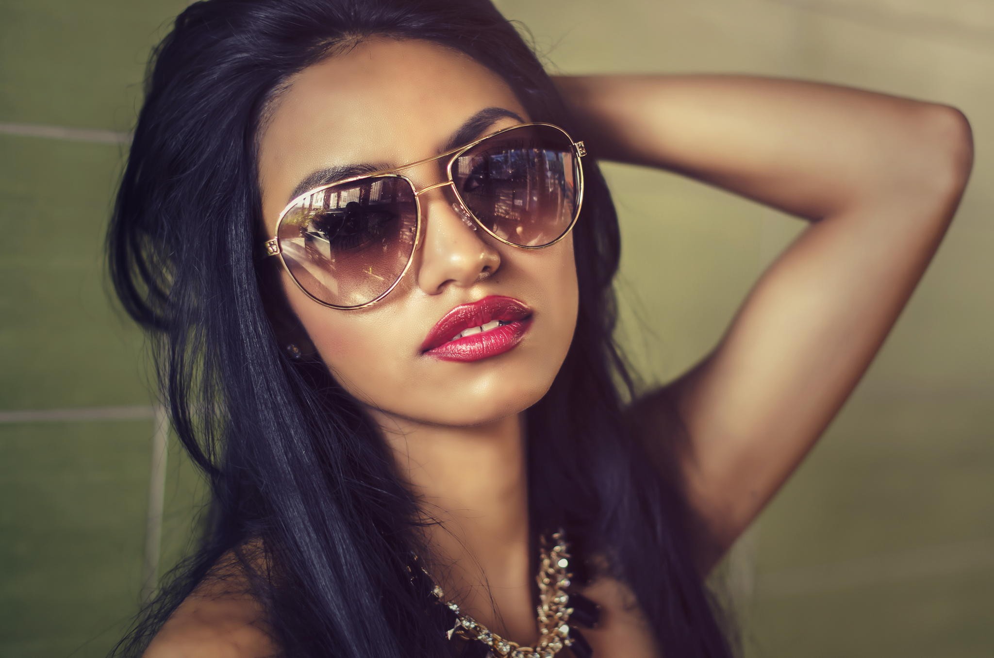 People 2048x1356 women dark hair black hair women with shades red lipstick hands in hair long hair sunglasses face closeup lipstick makeup women indoors indoors model parted lips