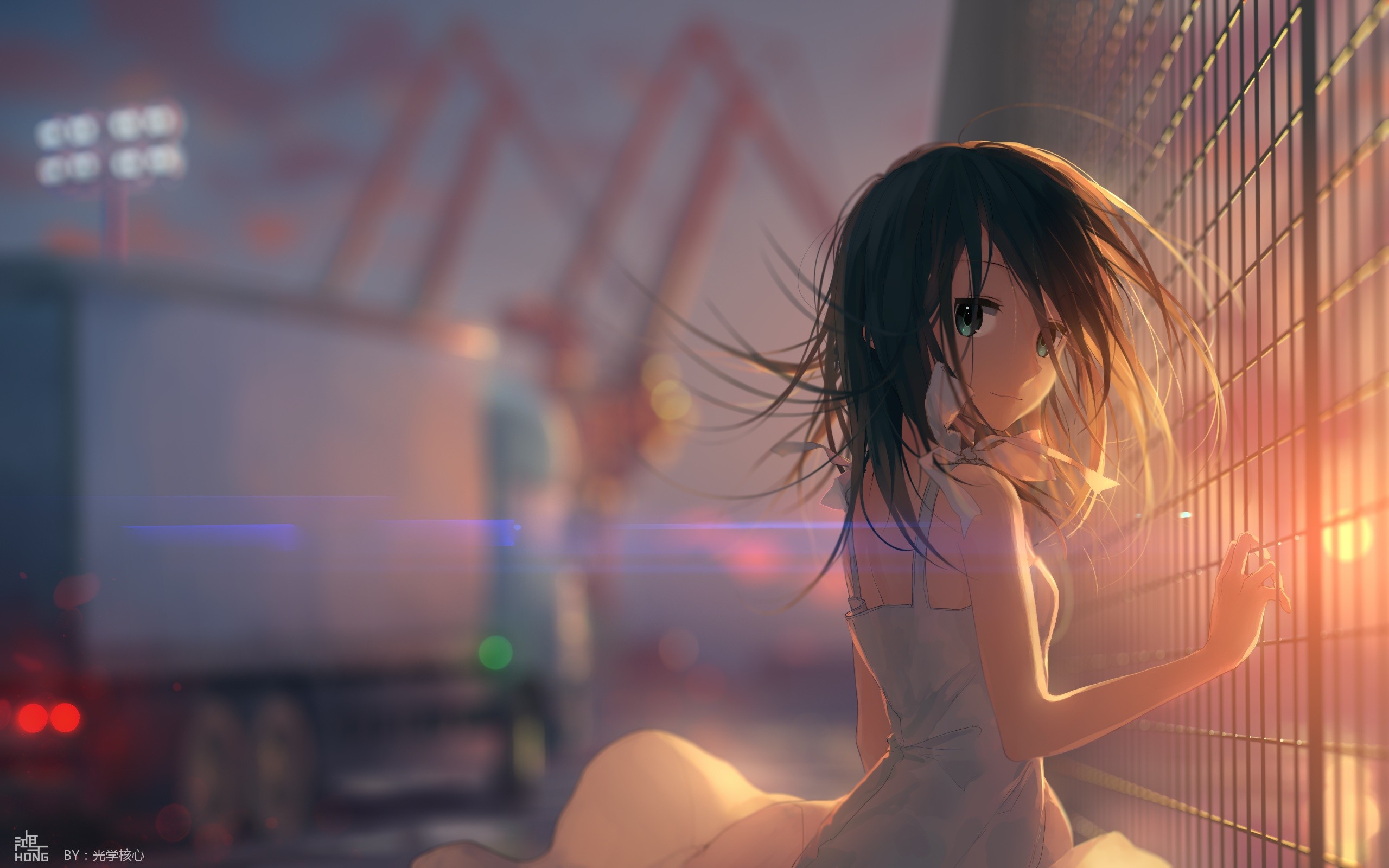 Anime 2560x1600 anime girls original characters black hair dress green eyes anime looking at viewer fence women outdoors urban truck vehicle Pixiv