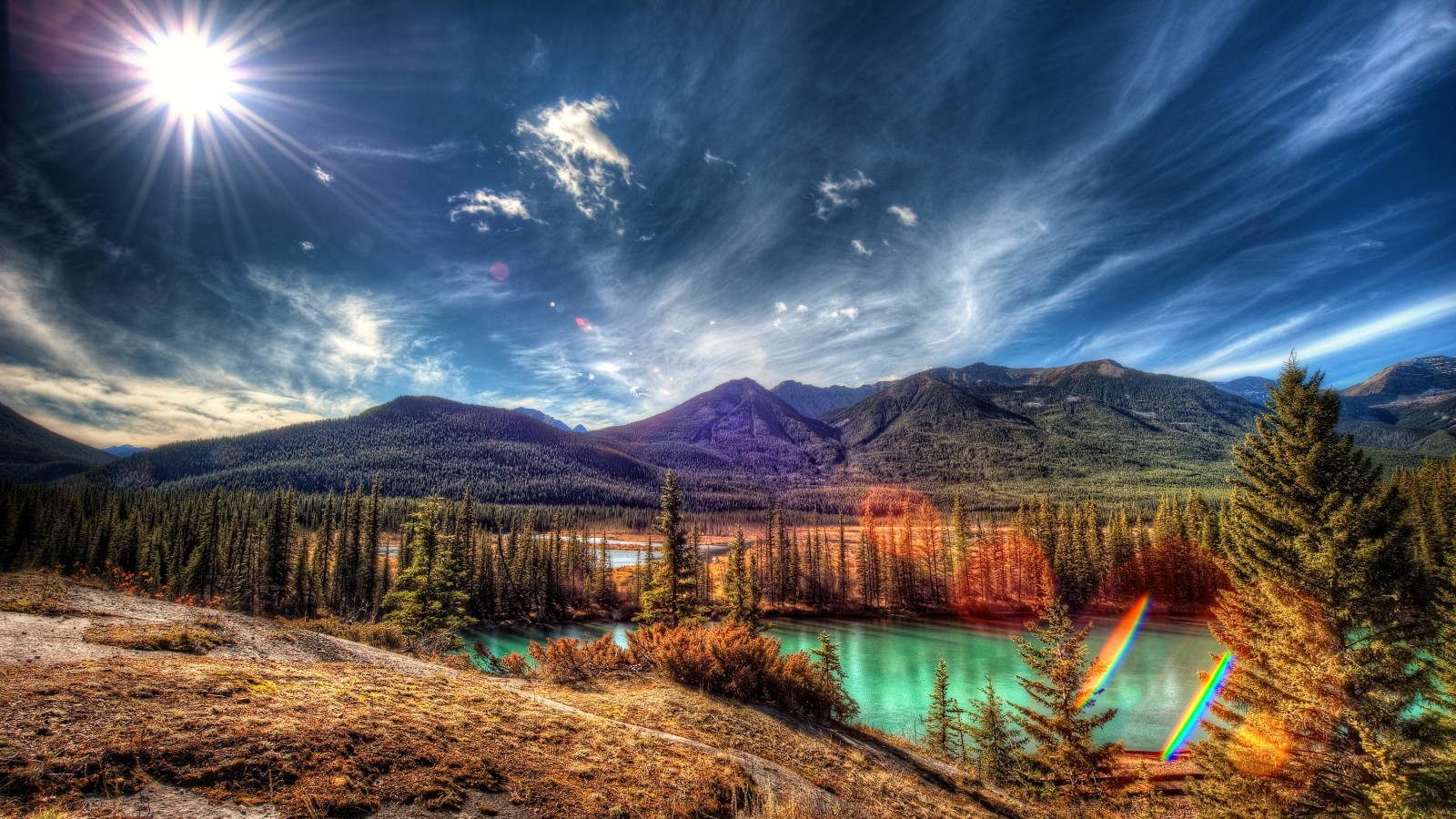 General 1600x900 landscape lens flare sun rays mountains lake pine trees nature