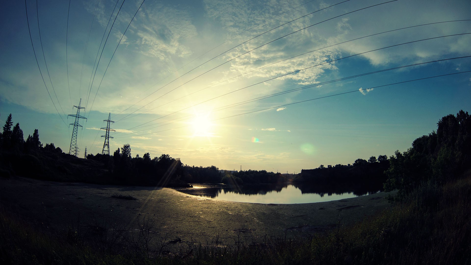 General 1920x1080 lake sky clouds water wires lens flare sunlight landscape power lines utility pole