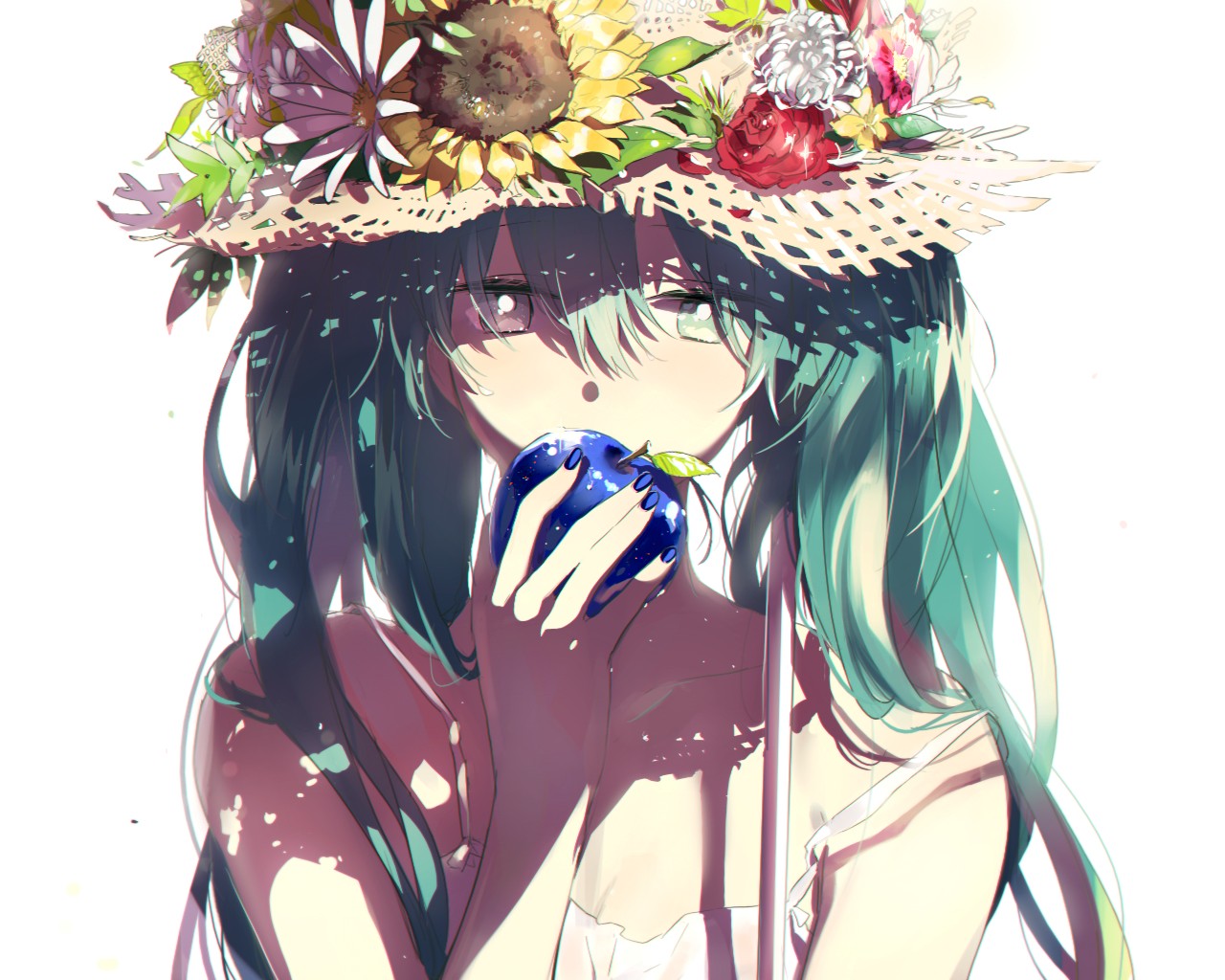 Anime 1280x1024 Vocaloid Hatsune Miku long hair twintails sun hats flowers apples simple background anime girls anime food fruit blue nails painted nails hat women with hats white background