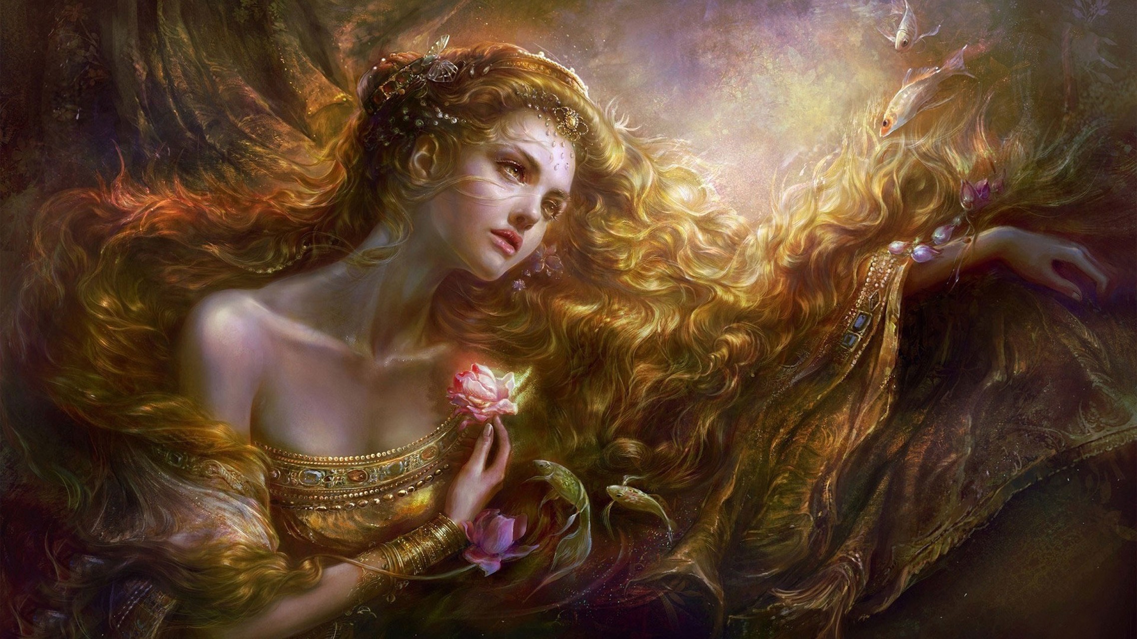 General 2276x1280 fantasy art artwork fantasy girl long hair flowers sensual gaze women