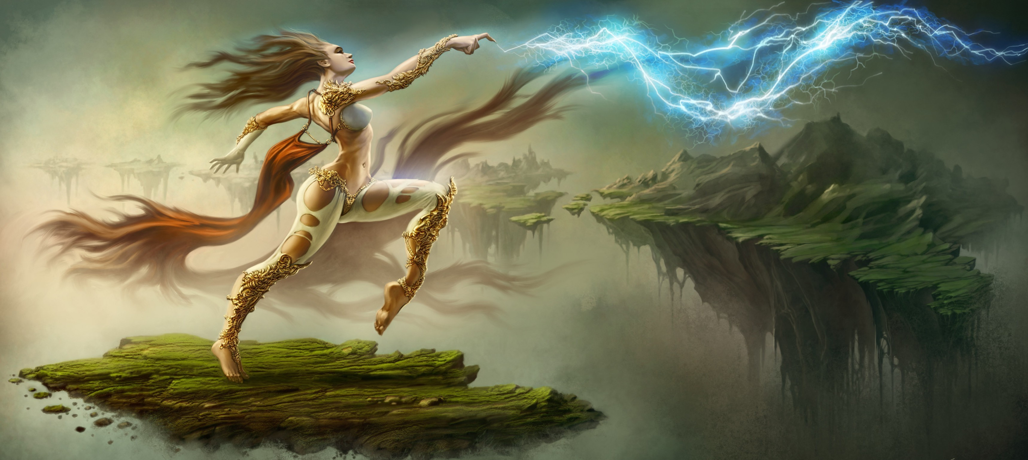 General 3436x1539 fantasy art artwork fantasy girl magic long hair women belly brunette lightning