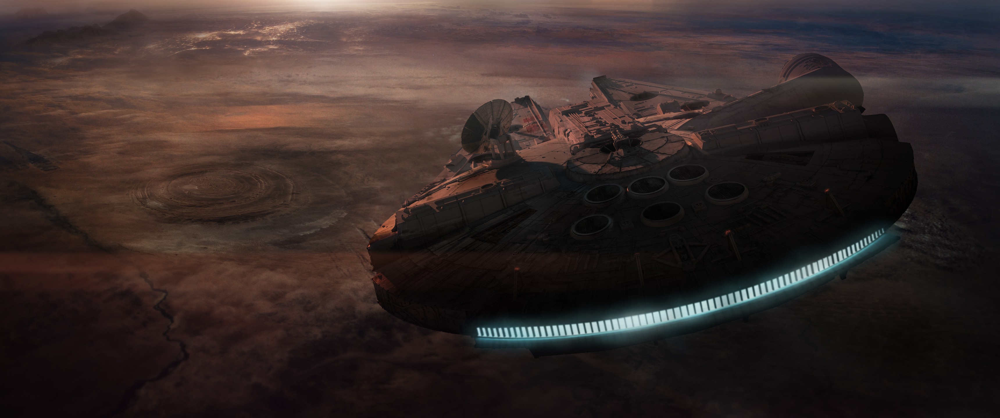 General 3440x1440 science fiction Millennium Falcon spaceship vehicle Star Wars digital art CGI desert planet Star Wars Ships