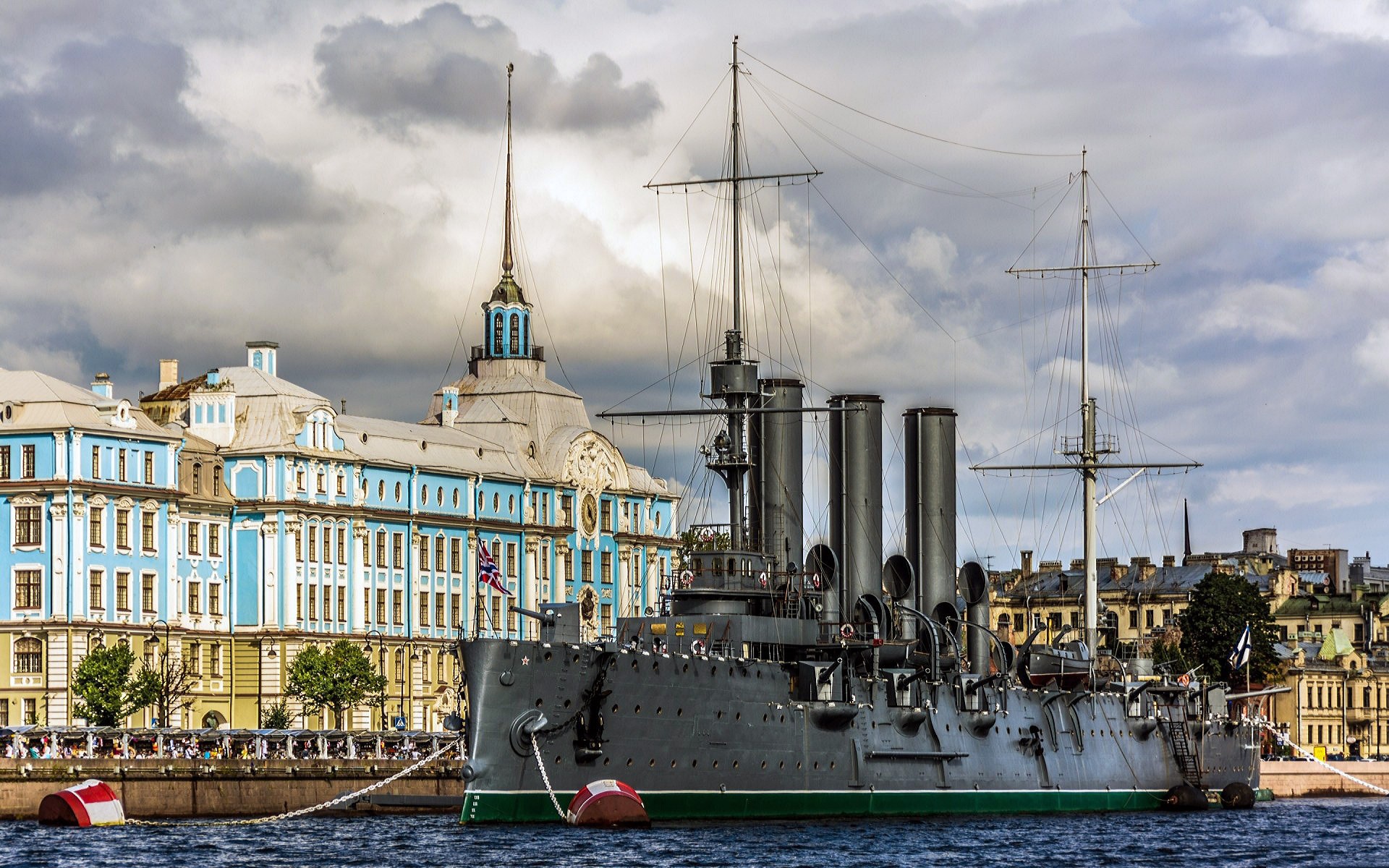 General 1920x1200 ship clouds water aurorae St. Petersburg Russia building shipyard chains flag city battleships old building trees window military military vehicle vehicle warship